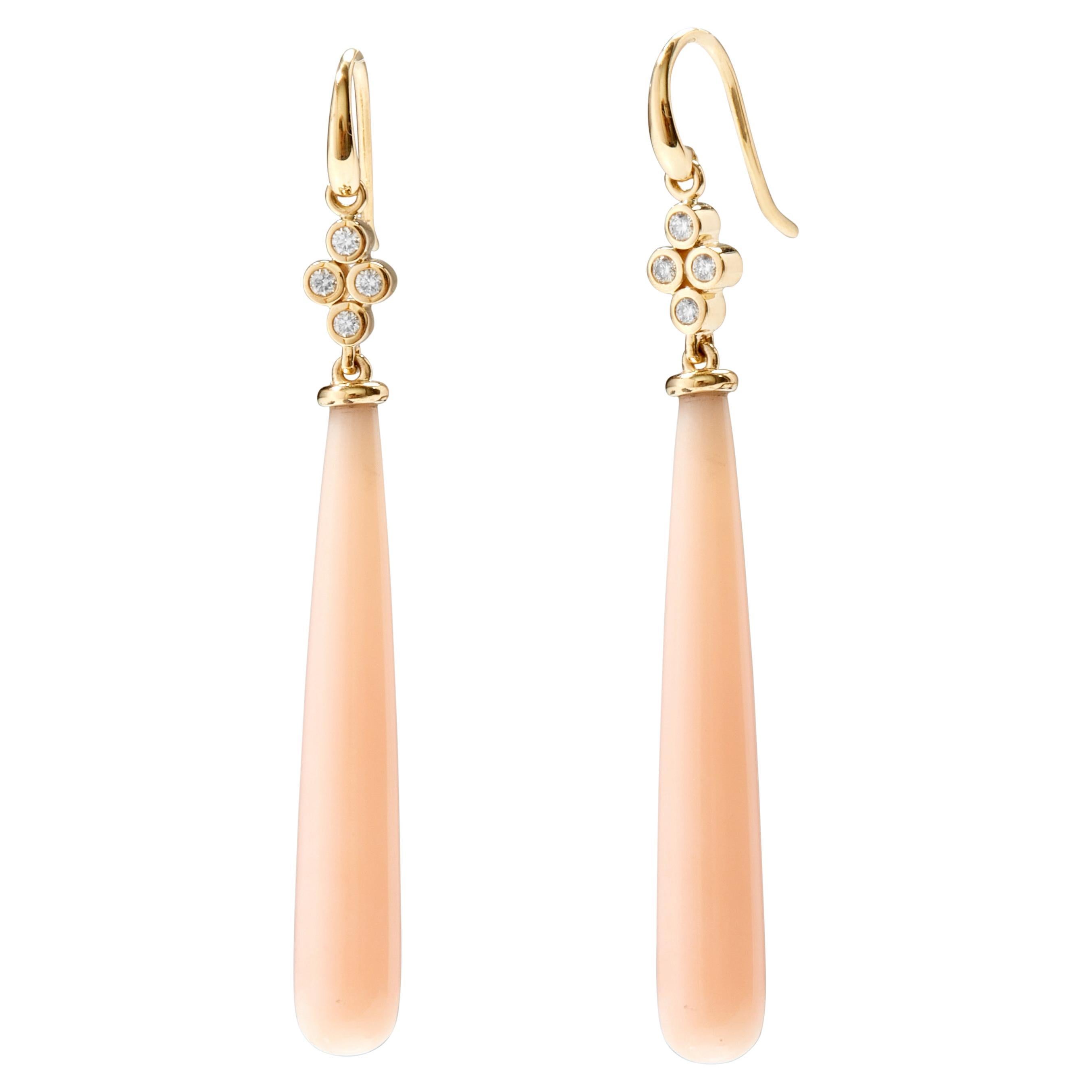 Syna Yellow Gold Pink Opal Long Drop Earrings with Diamonds For Sale