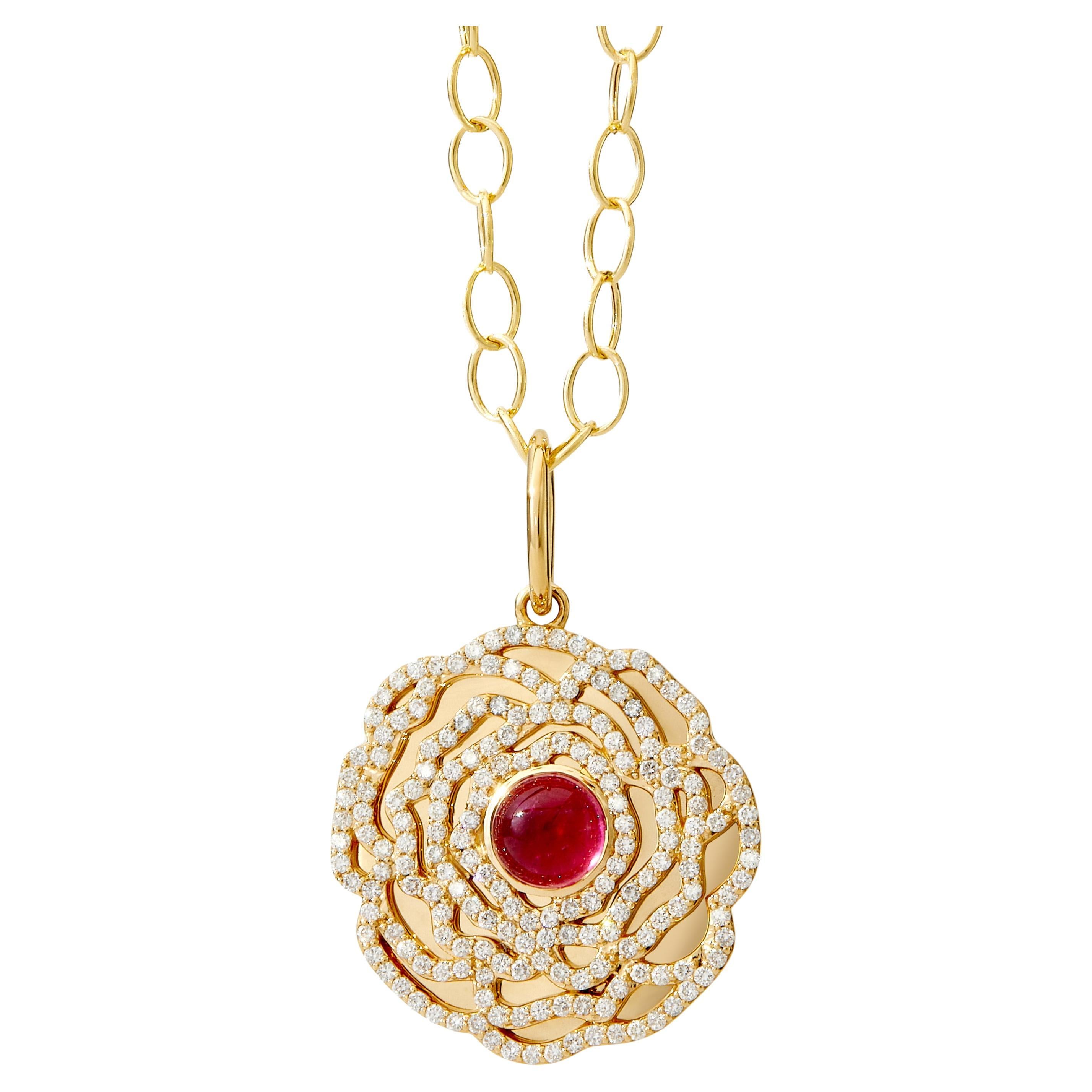 Syna Yellow Gold Pink Tourmaline Rose Pendant with Diamonds For Sale