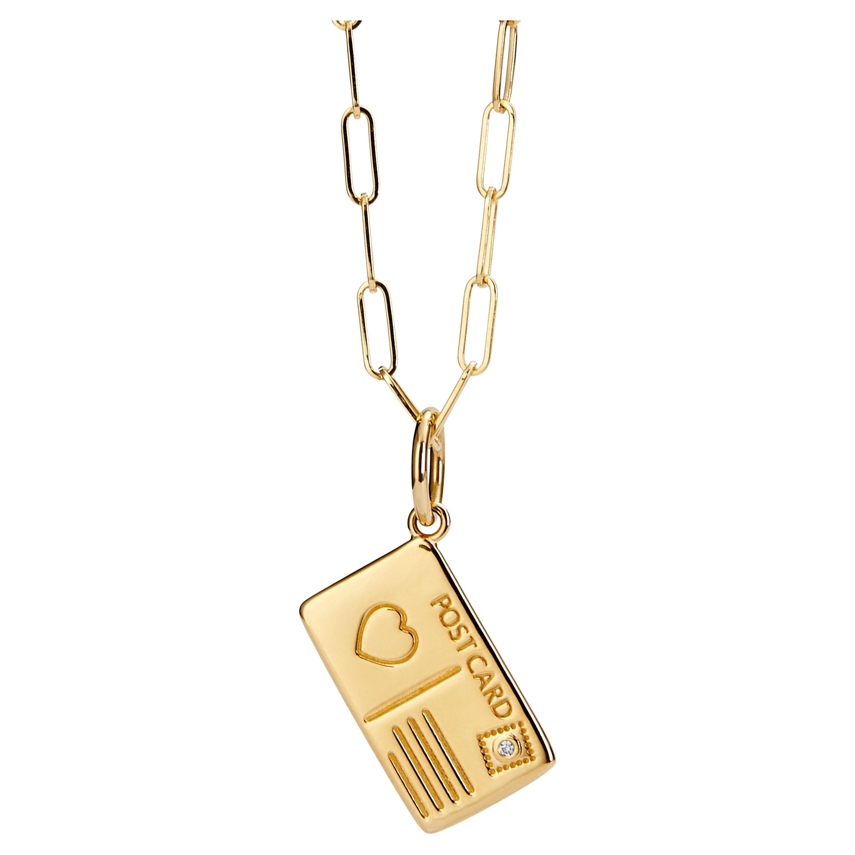 Syna Yellow Gold Post Card Charm Pendant with Diamond For Sale