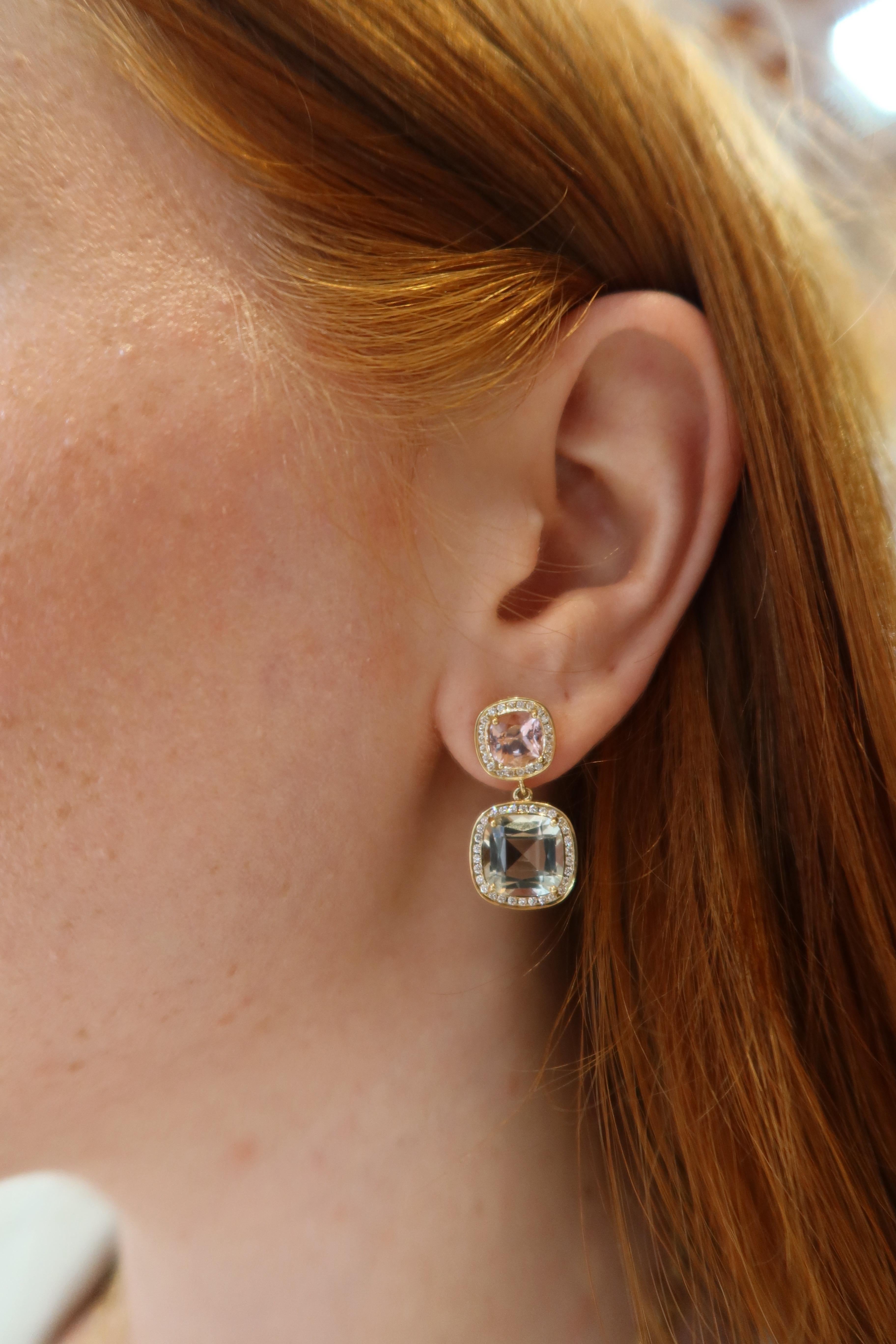 Created in 18 karat yellow gold
Prasiolite cushions 8 carats approx.
Morganite cushions 2.80 carats approx.
Diamonds 0.60 carats approx.
18kyg large post backs for pierced ears
Limited edition


About the Designers ~ Dharmesh & Namrata

Drawing