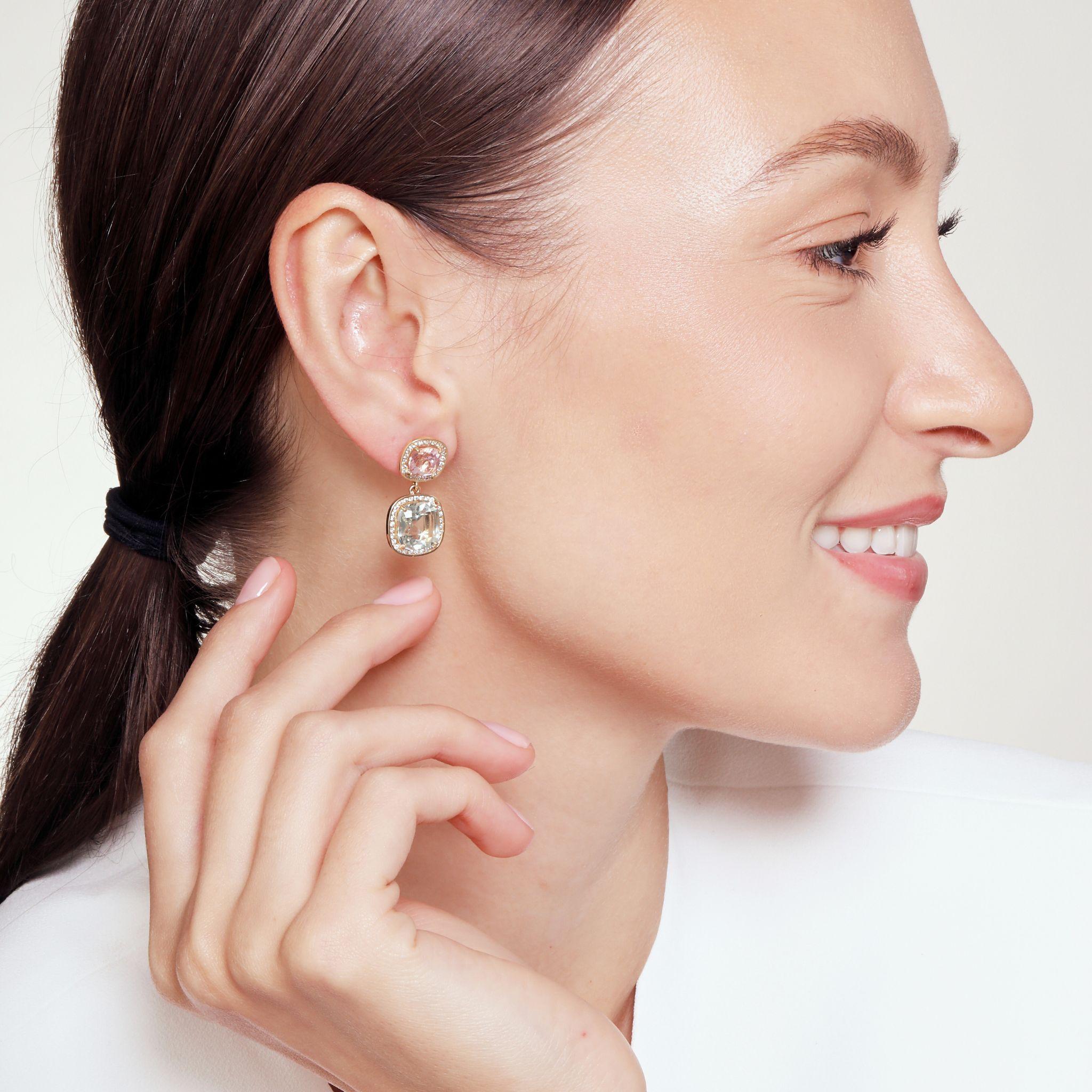 Contemporary Syna Yellow Gold Prasiolite and Morganite Diamond Earrings For Sale