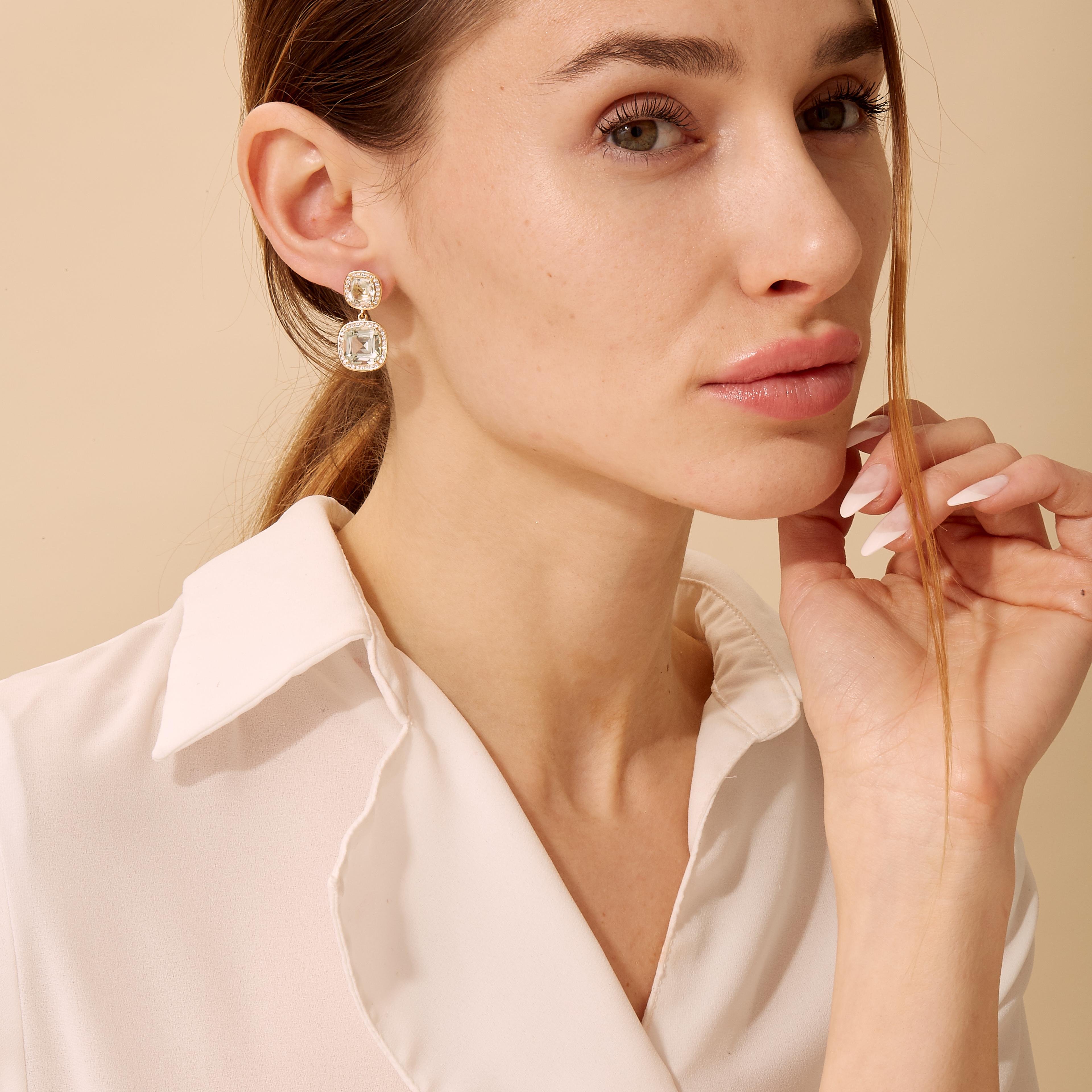 Created in 18 karat yellow gold
Prasiolite Quartz 10.50 carats approx.
Diamonds 0.60 carat approx.
18kyg butterfly backs
Limited edition

Exquisitely crafted in 18 karat yellow gold, these limited edition earrings feature a stunning Prasiolite