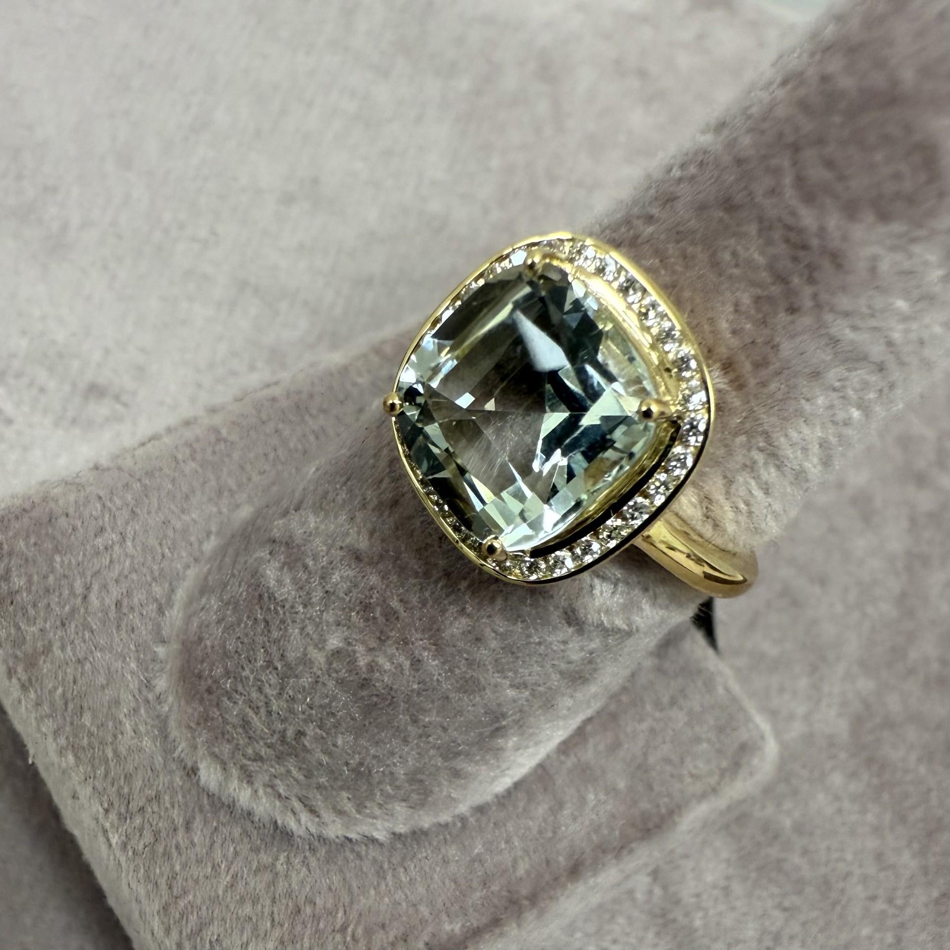 Contemporary Syna Yellow Gold Prasiolite Quartz Ring with Diamonds For Sale