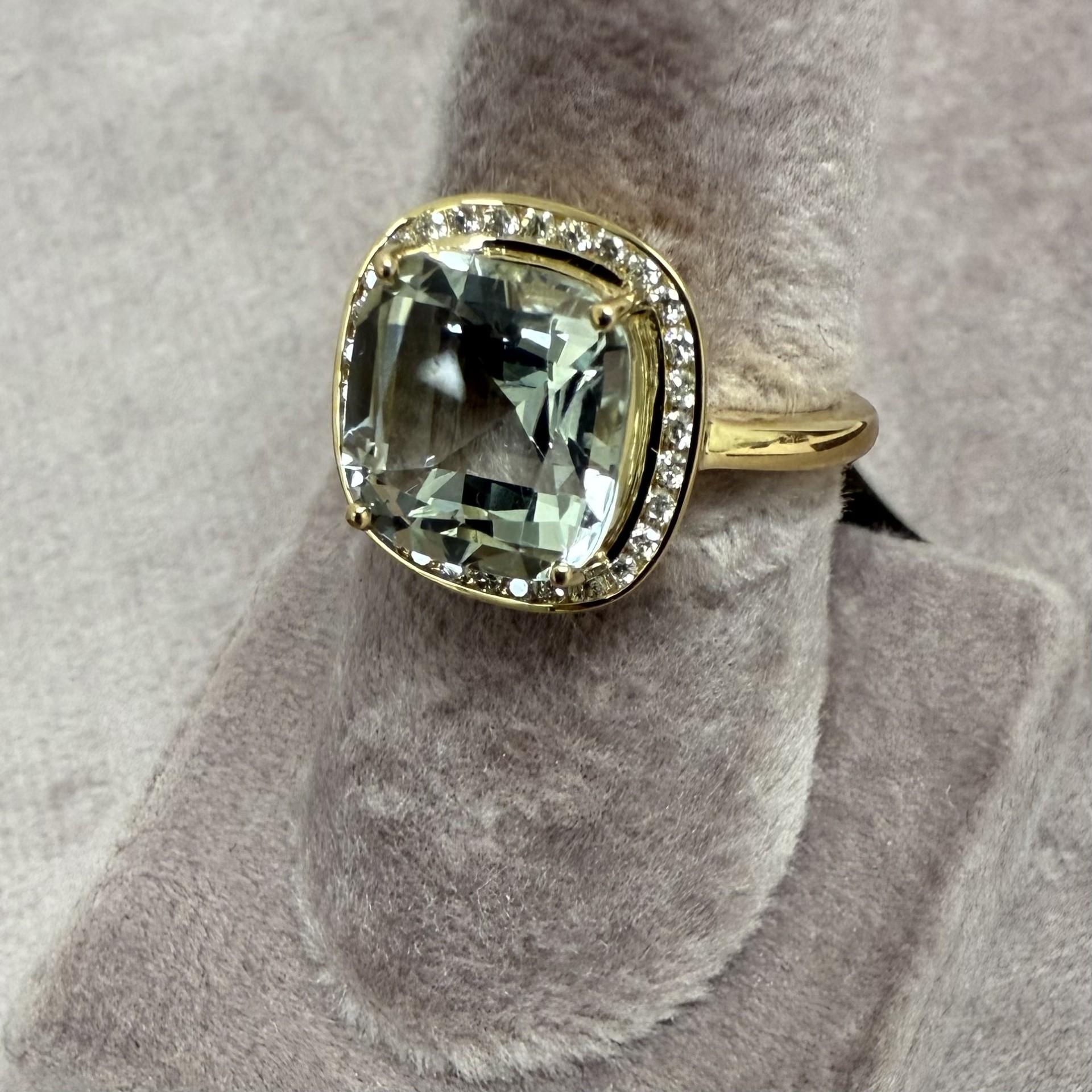 Cushion Cut Syna Yellow Gold Prasiolite Quartz Ring with Diamonds For Sale