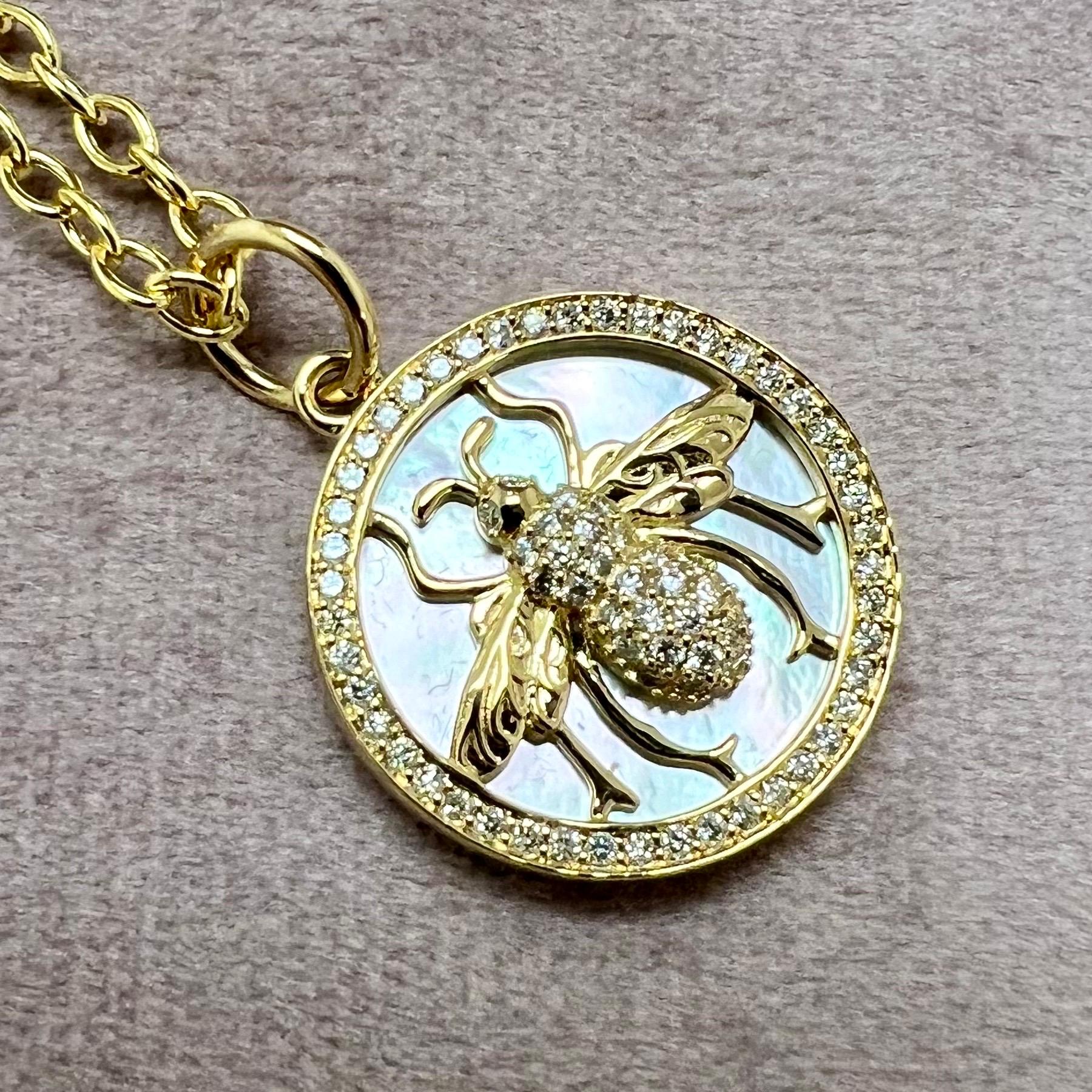 Contemporary Syna Yellow Gold Queen Bee Mother of Pearl Pendant with Diamonds