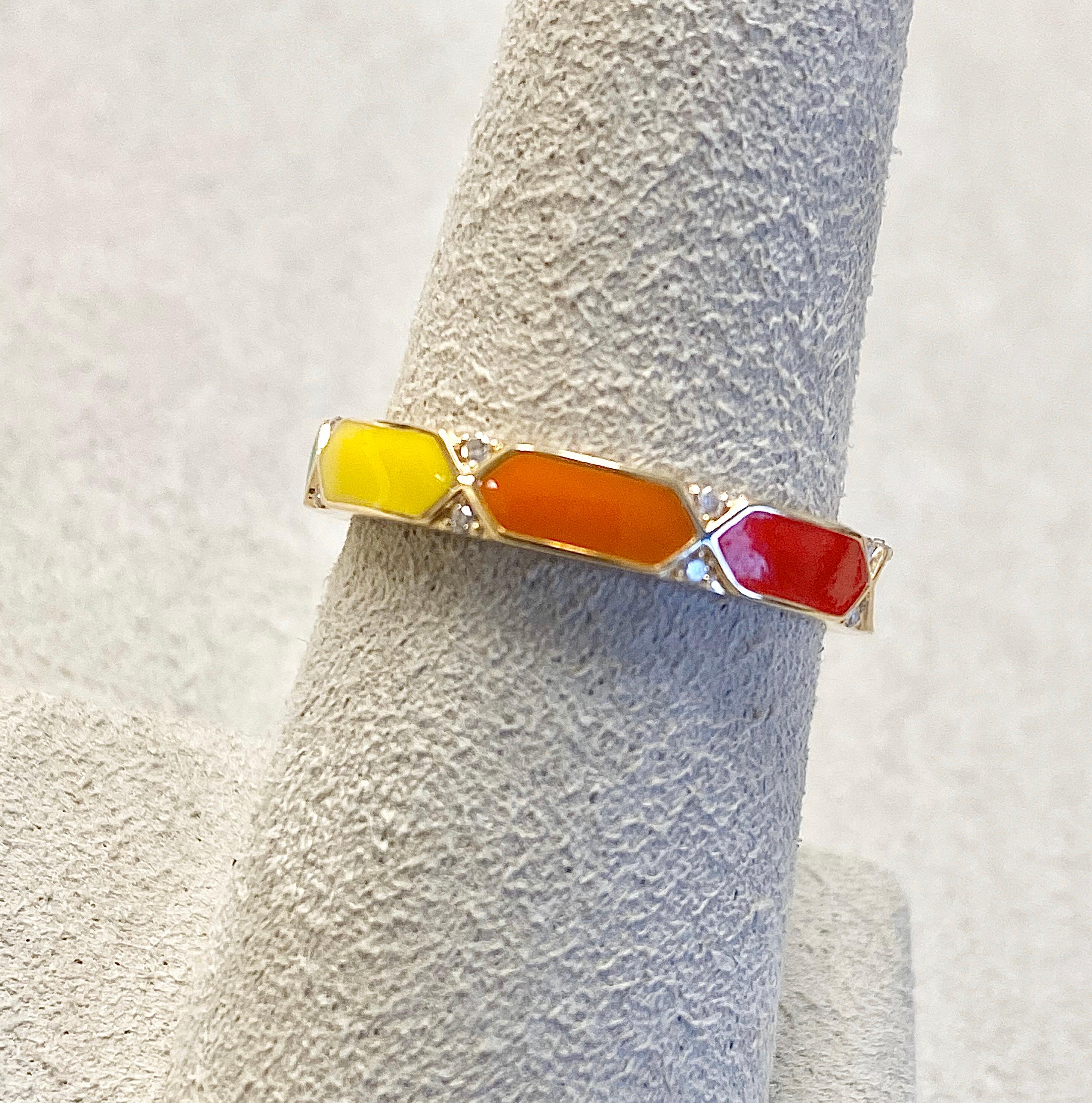 Created in 18 karat yellow gold
Rainbow enamel 
Champagne diamonds 0.06 ct approx
Can be stacked with other colors. Other colors available are black, white and turquoise blue
Ring size US 6.5, Can be made in other ring sizes on special order


About