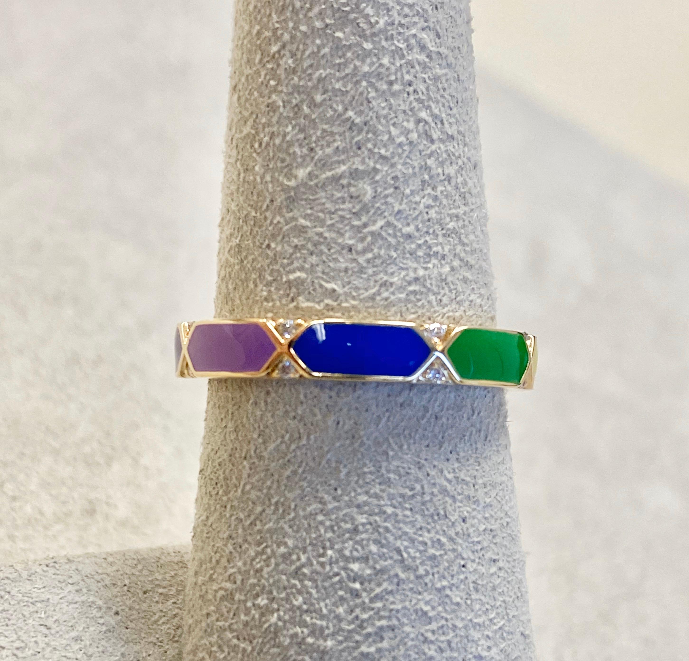 Round Cut Syna Yellow Gold Rainbow Enamel Ring with Diamonds