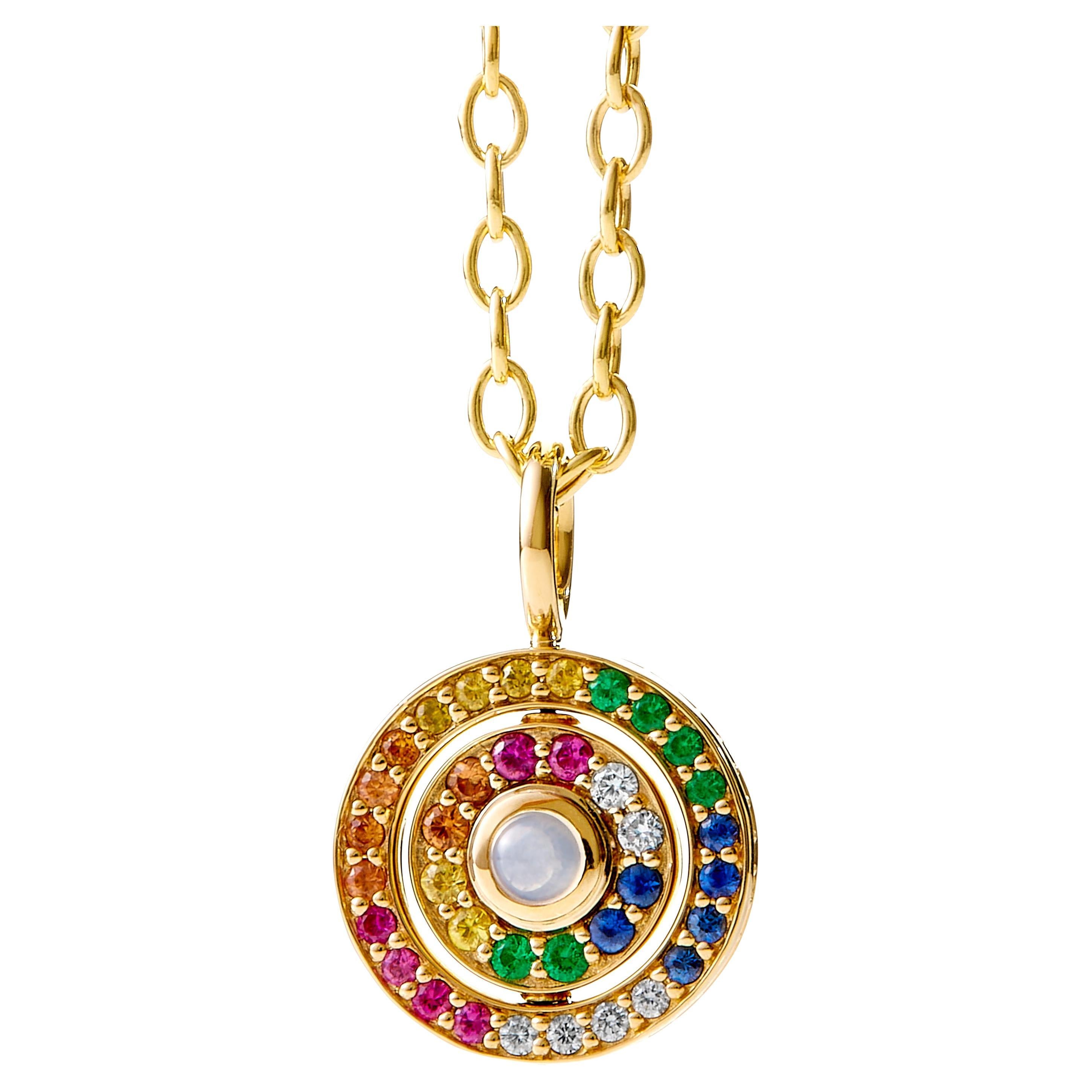 Syna Yellow Gold Rainbow Reversible Pendant with Multi Gem and Diamonds For Sale