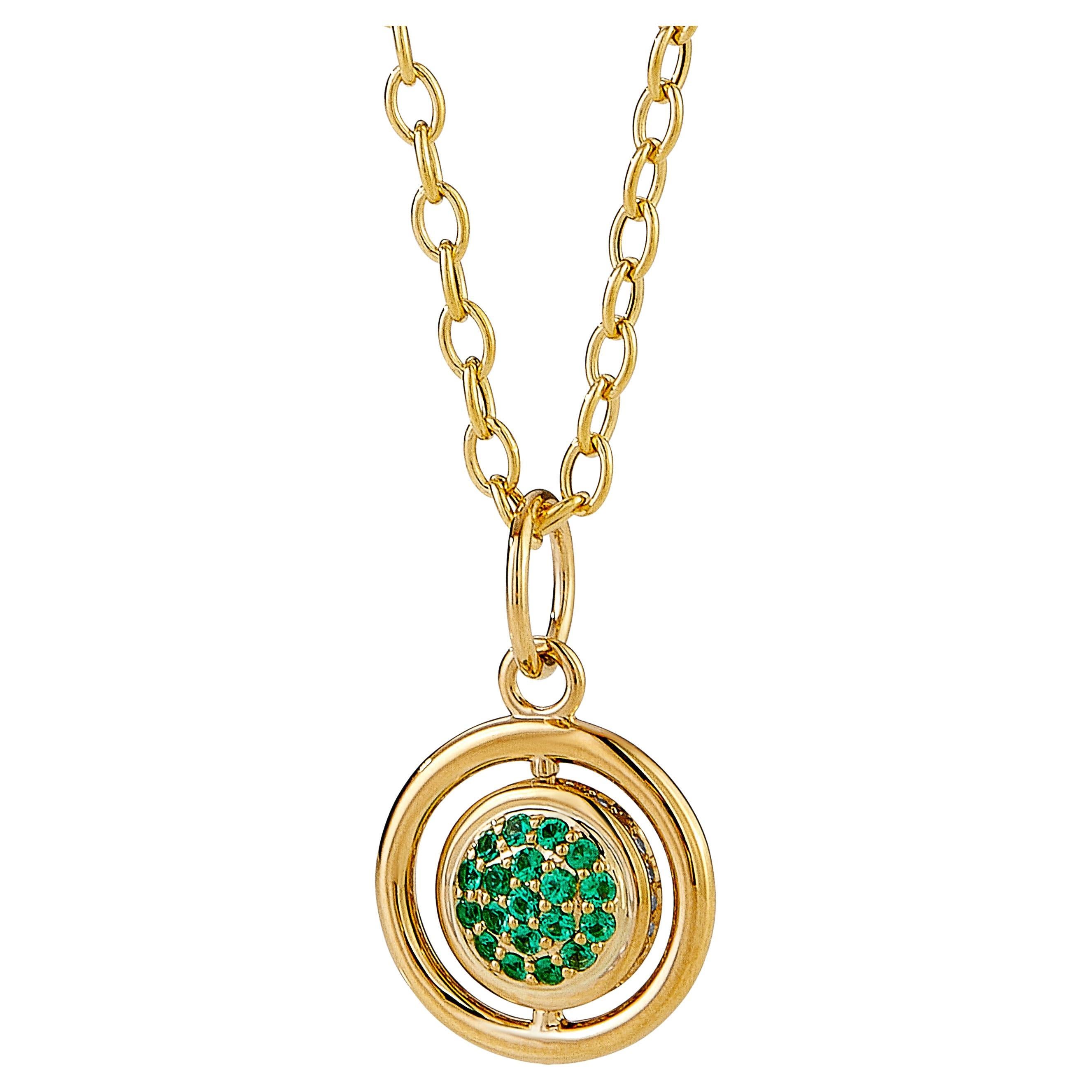 Syna Yellow Gold Reversible Charm Pendant with Emeralds and Diamonds For Sale