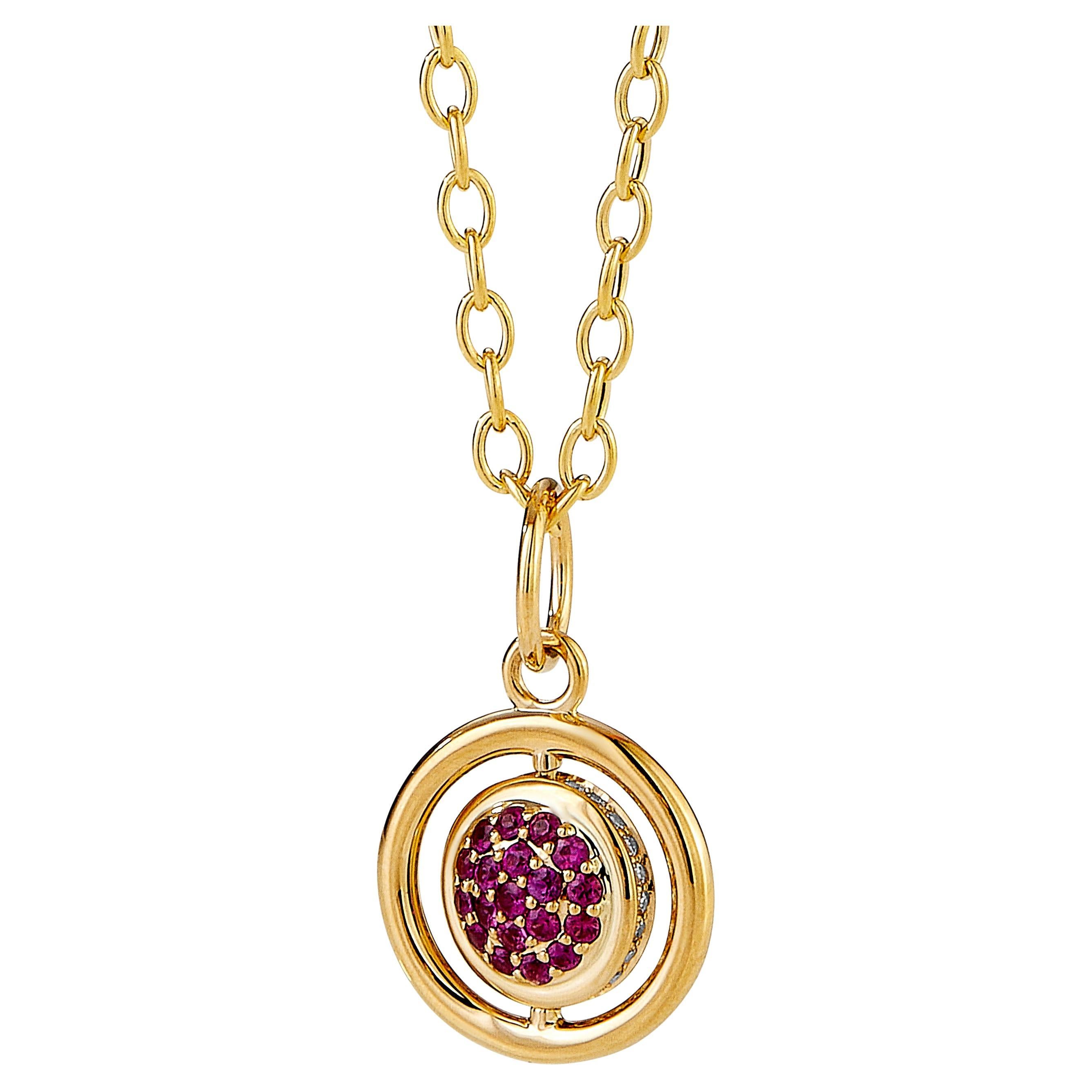 Syna Yellow Gold Reversible Charm Pendant with Rubies and Diamonds For Sale