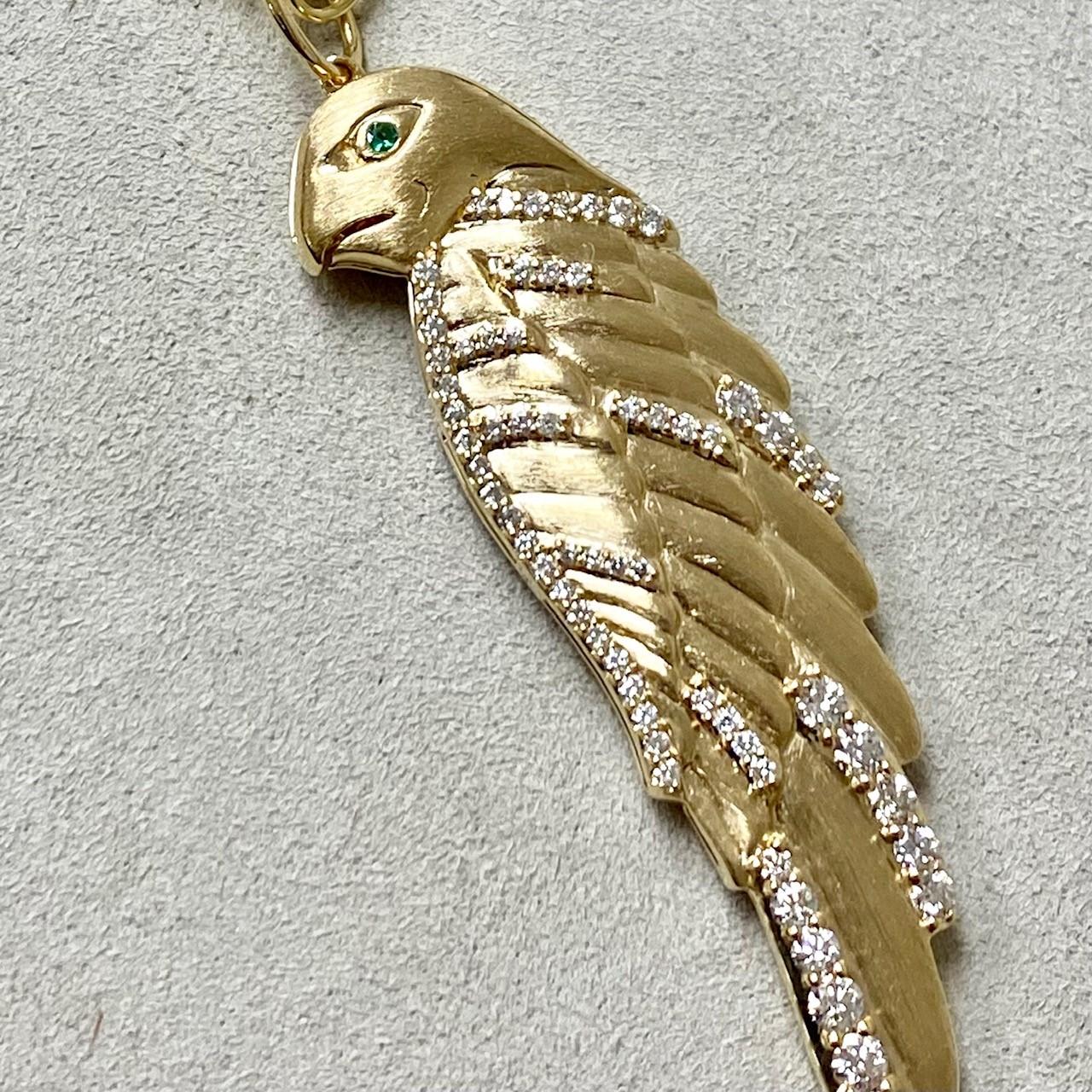 Round Cut Syna Yellow Gold Reversible Eagle Pendant with Emeralds and Champagne Diamonds