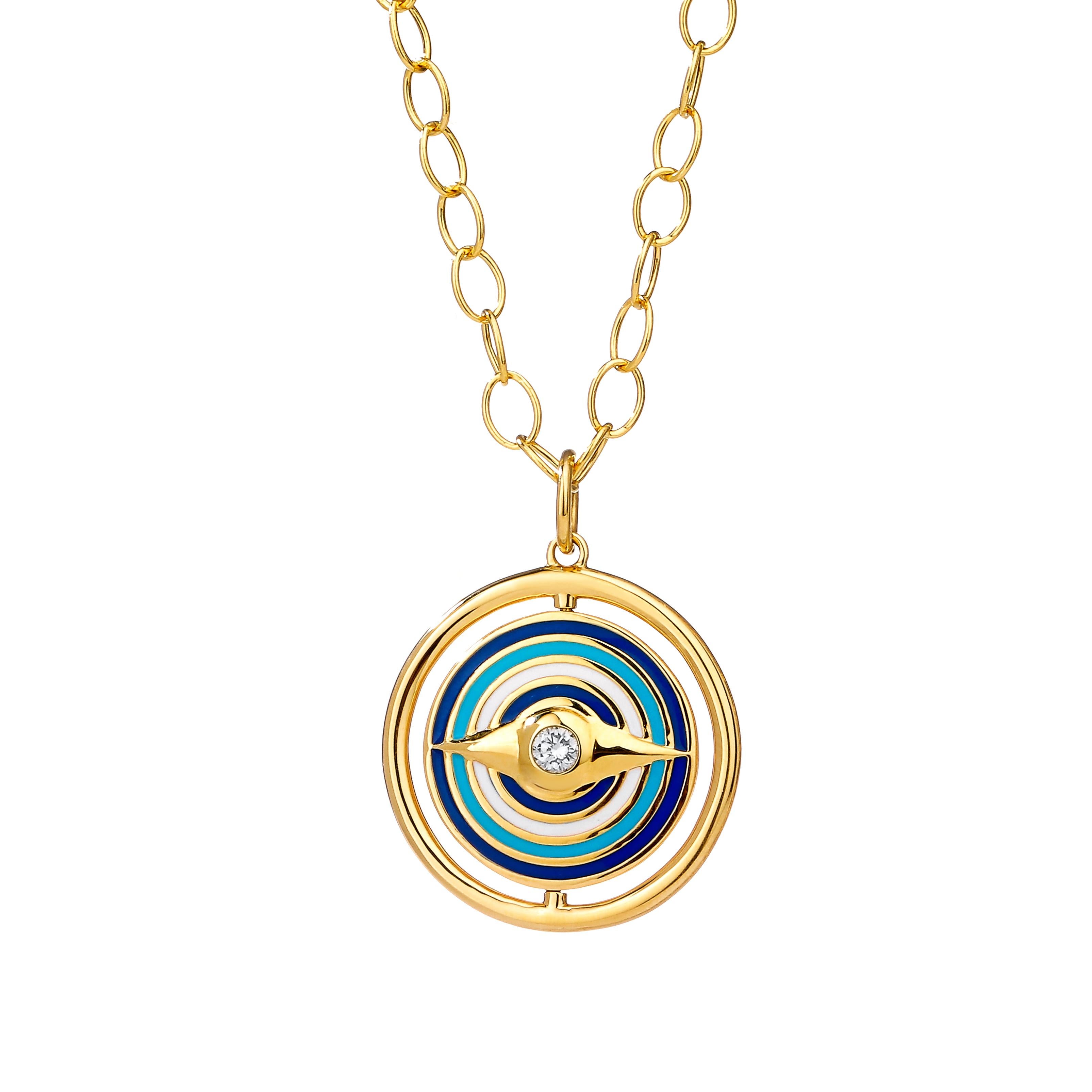 Created in 18kyg
Reversible evil eye pendant
Azure blue, turquoise blue & white enamel
Diamonds 0.60 cts approx
Swivel mechanism to turn the evil eye versions
Limited edition
Chain sold separately 

Constructed from 18 karat yellow gold, this