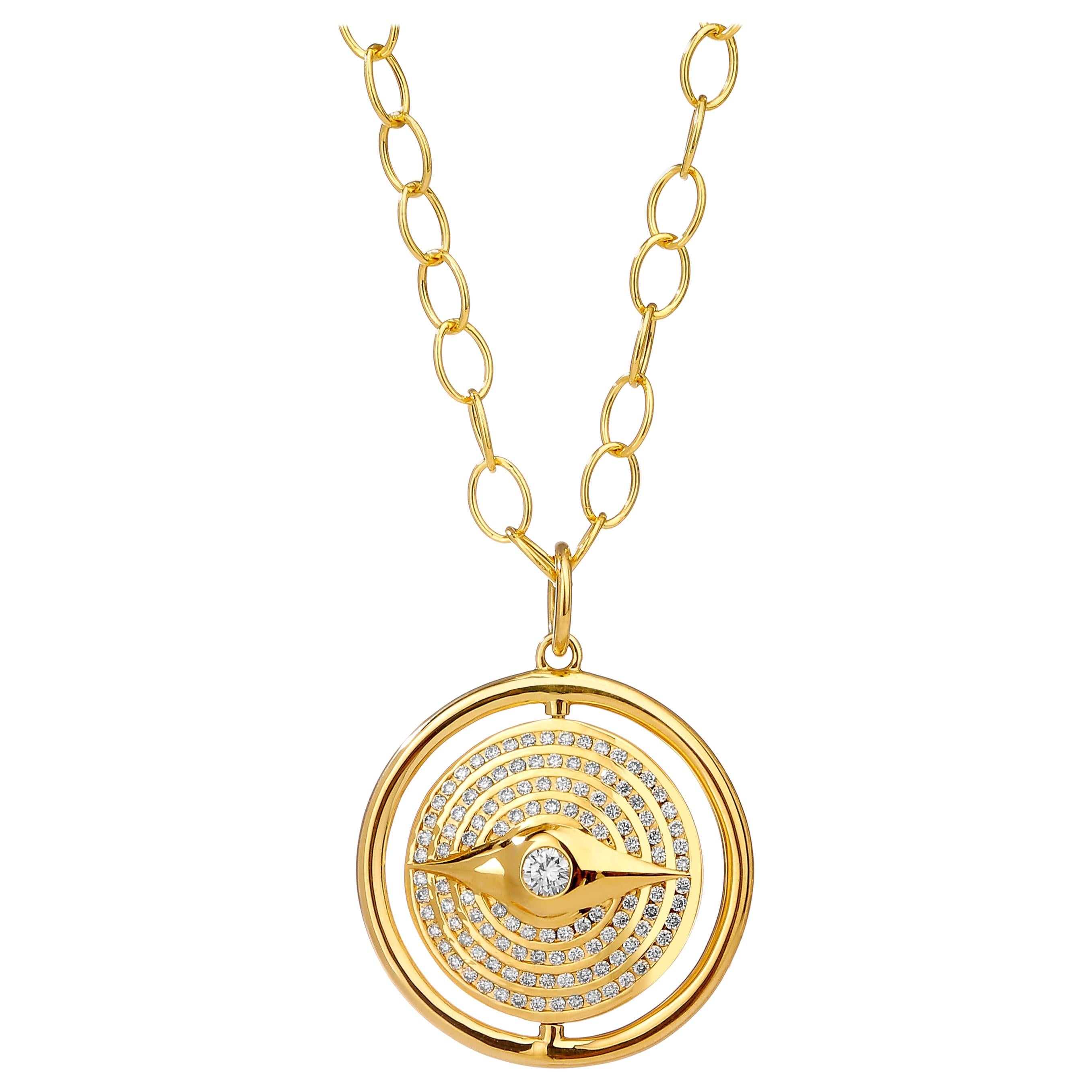 Syna Yellow Gold Reversible Evil Eye Enamel Pendant with Diamonds For Sale