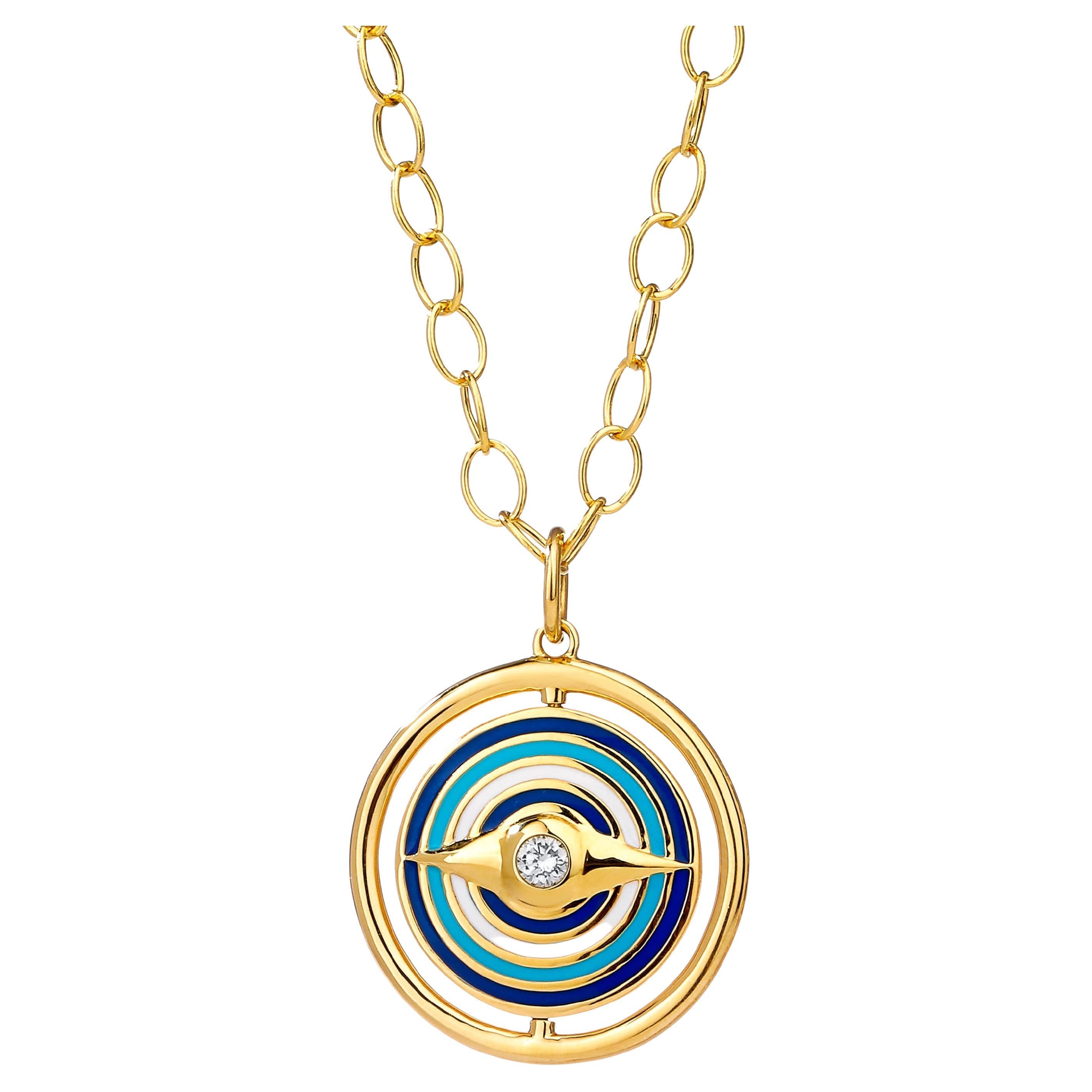 Syna Yellow Gold Reversible Evil Eye Enamel Pendant with Diamonds For Sale