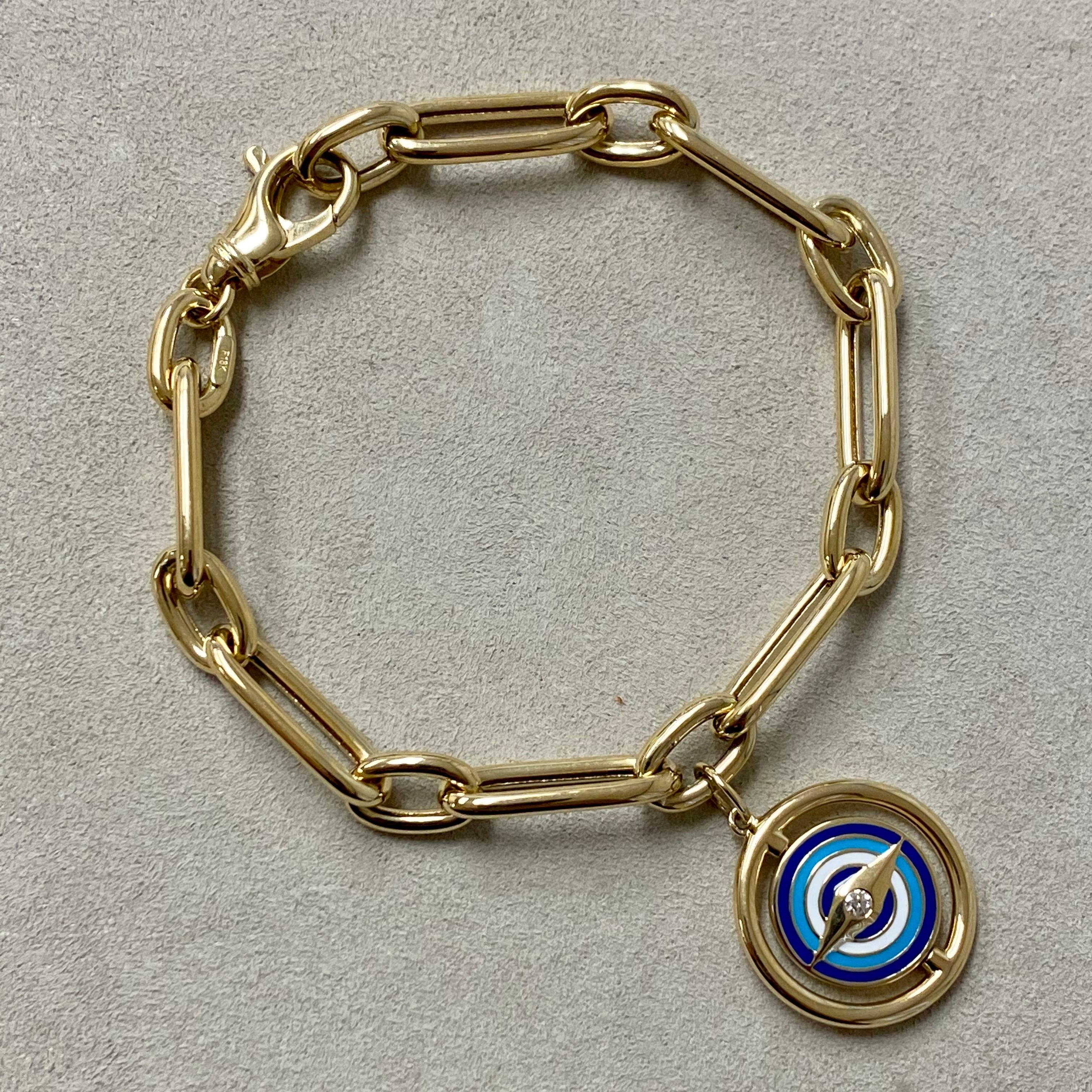 Created in 18 karat yellow gold
Lapis, Turquoise and White enamel details
Diamonds 0.12 carat approx.
8 inch length 
Swivel mechanism to turn the evil eye versions
18 karat yellow gold lobster clasp
Bracelet can be clasped at any length
Also