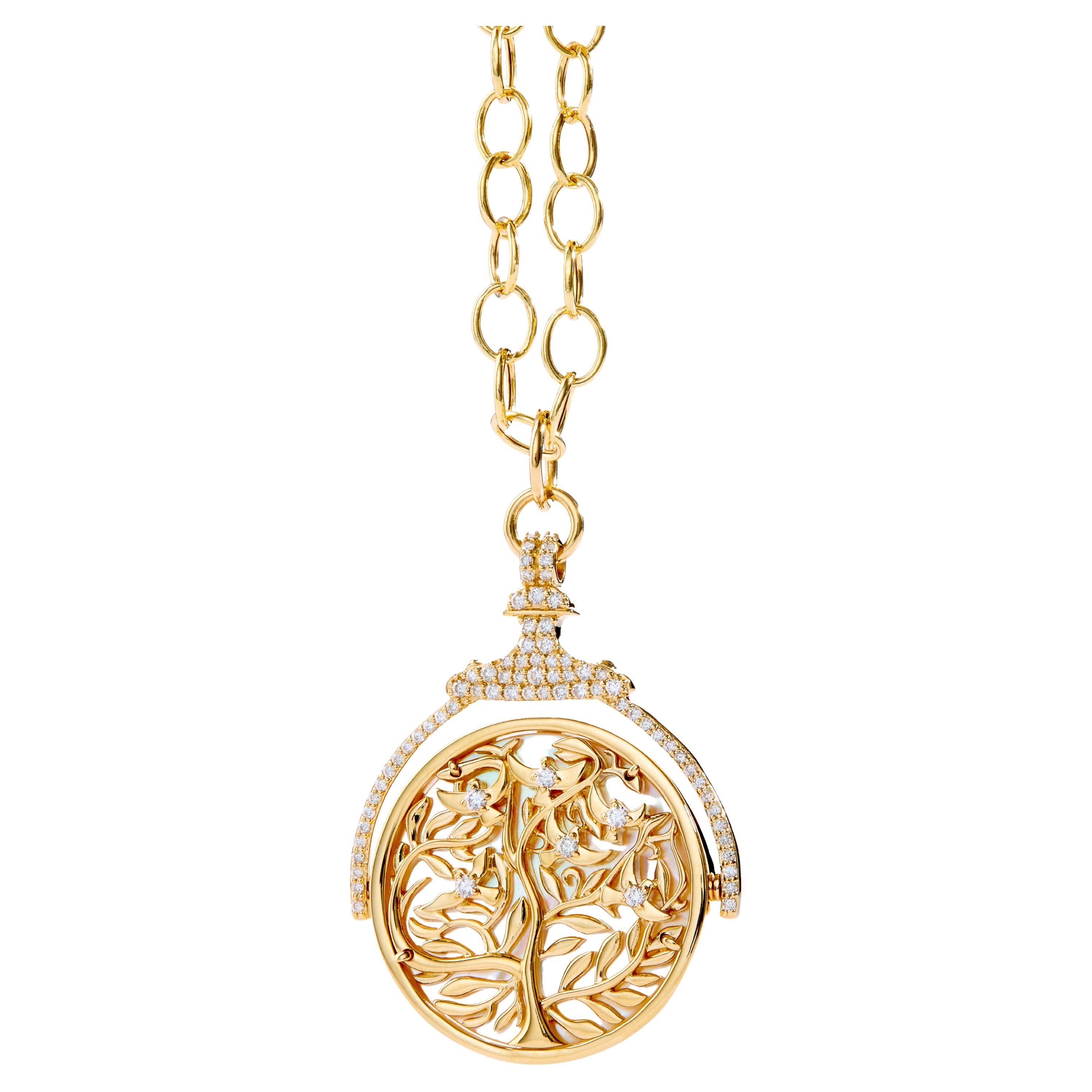 Syna Yellow Gold Reversible Tree of Life Pendant with Mother of Pearl & Diamonds For Sale