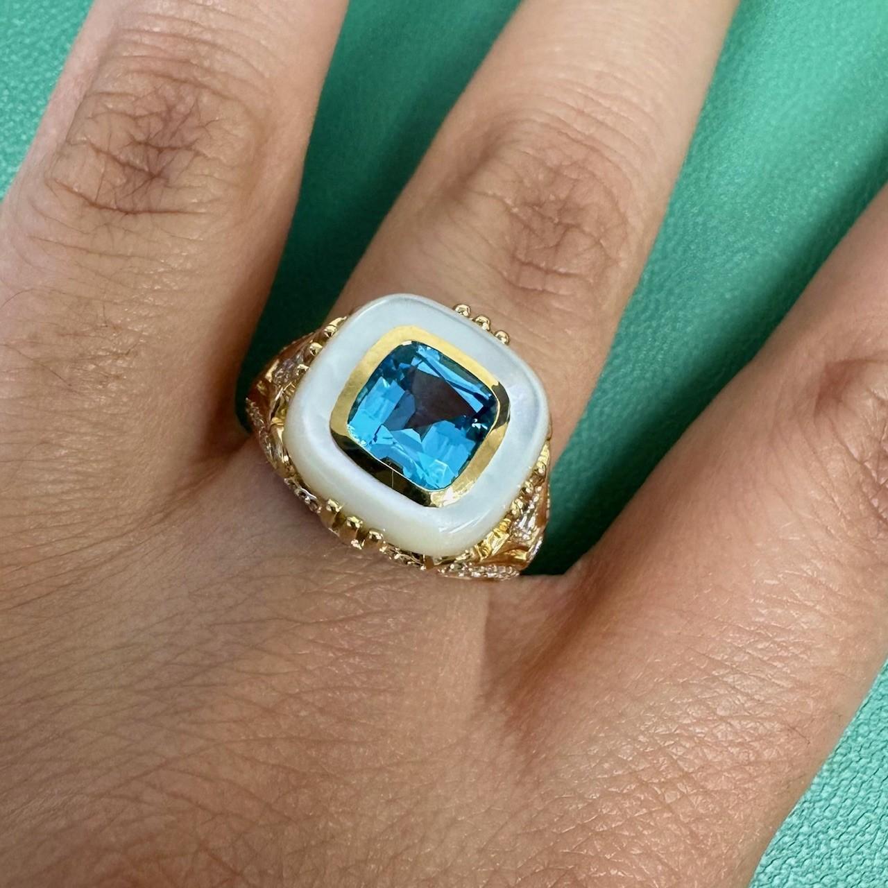 Created in 18 karat yellow gold
Blue Topaz 2 carats approx.
Mother of Pearl 2.50 carats approx.
Diamonds 0.90 carat approx.
Ring size US 7, can be sized
Limited Edition





About the Designers ~ Dharmesh & Namrata

Drawing inspiration from little