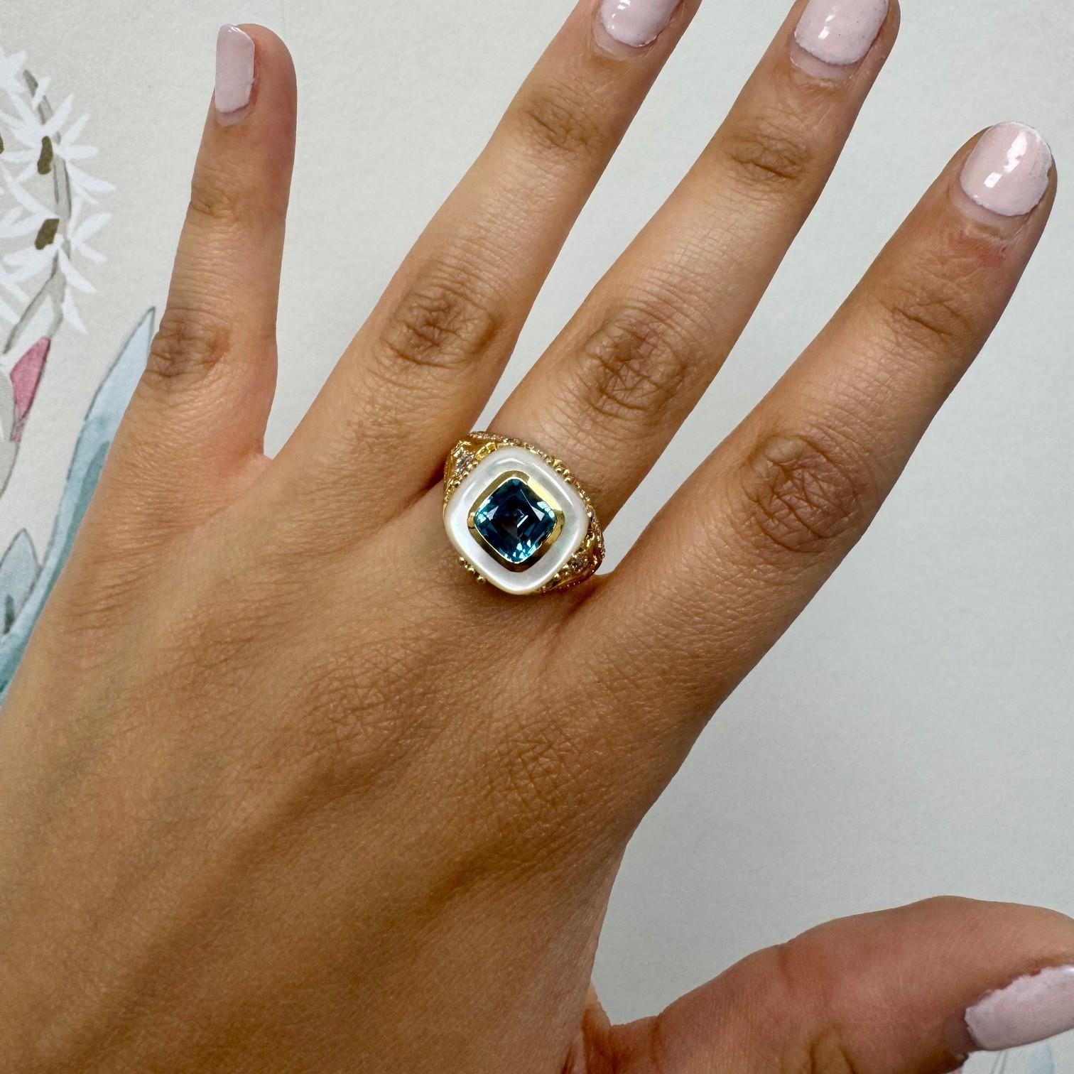 Contemporary Syna Yellow Gold Ring with Blue Topaz, Mother of Pearl and Diamonds For Sale