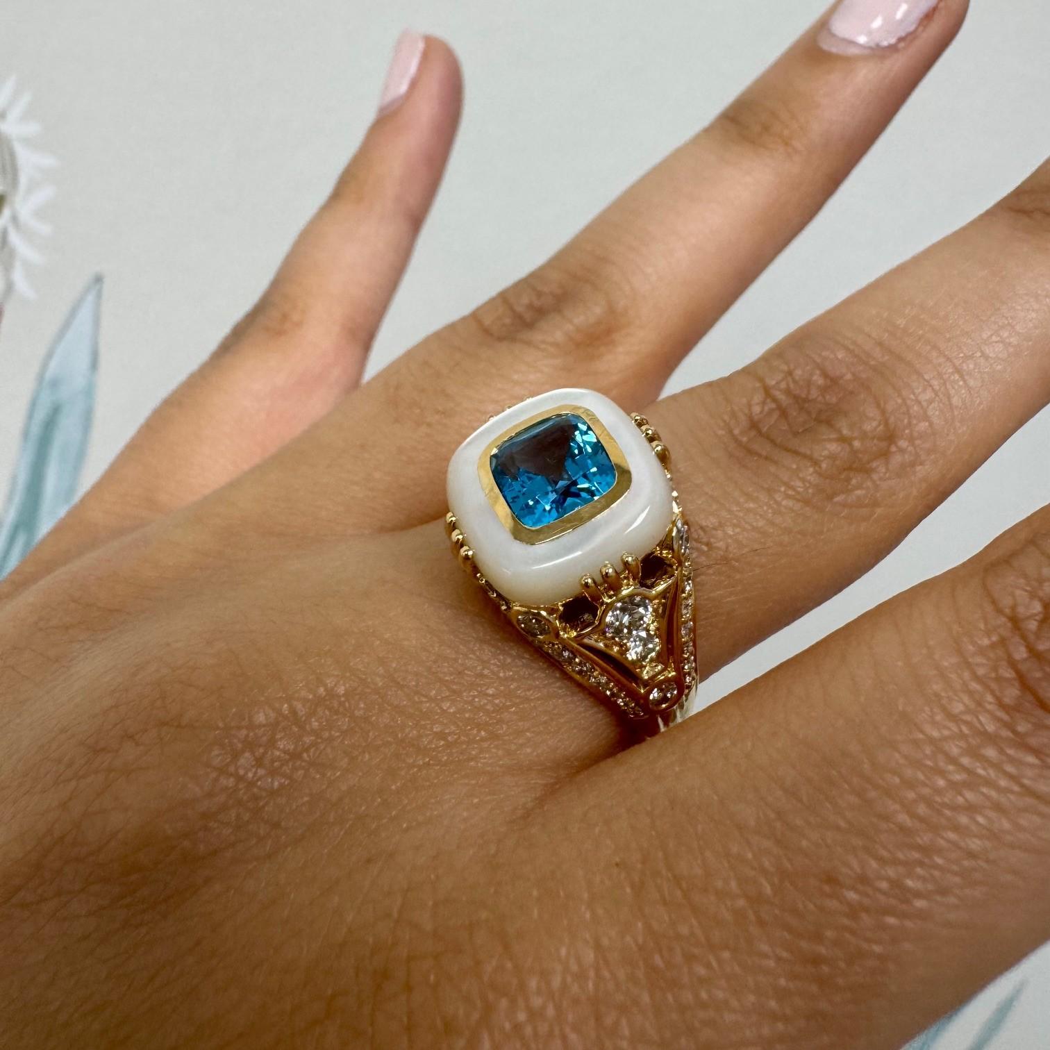 Cushion Cut Syna Yellow Gold Ring with Blue Topaz, Mother of Pearl and Diamonds For Sale