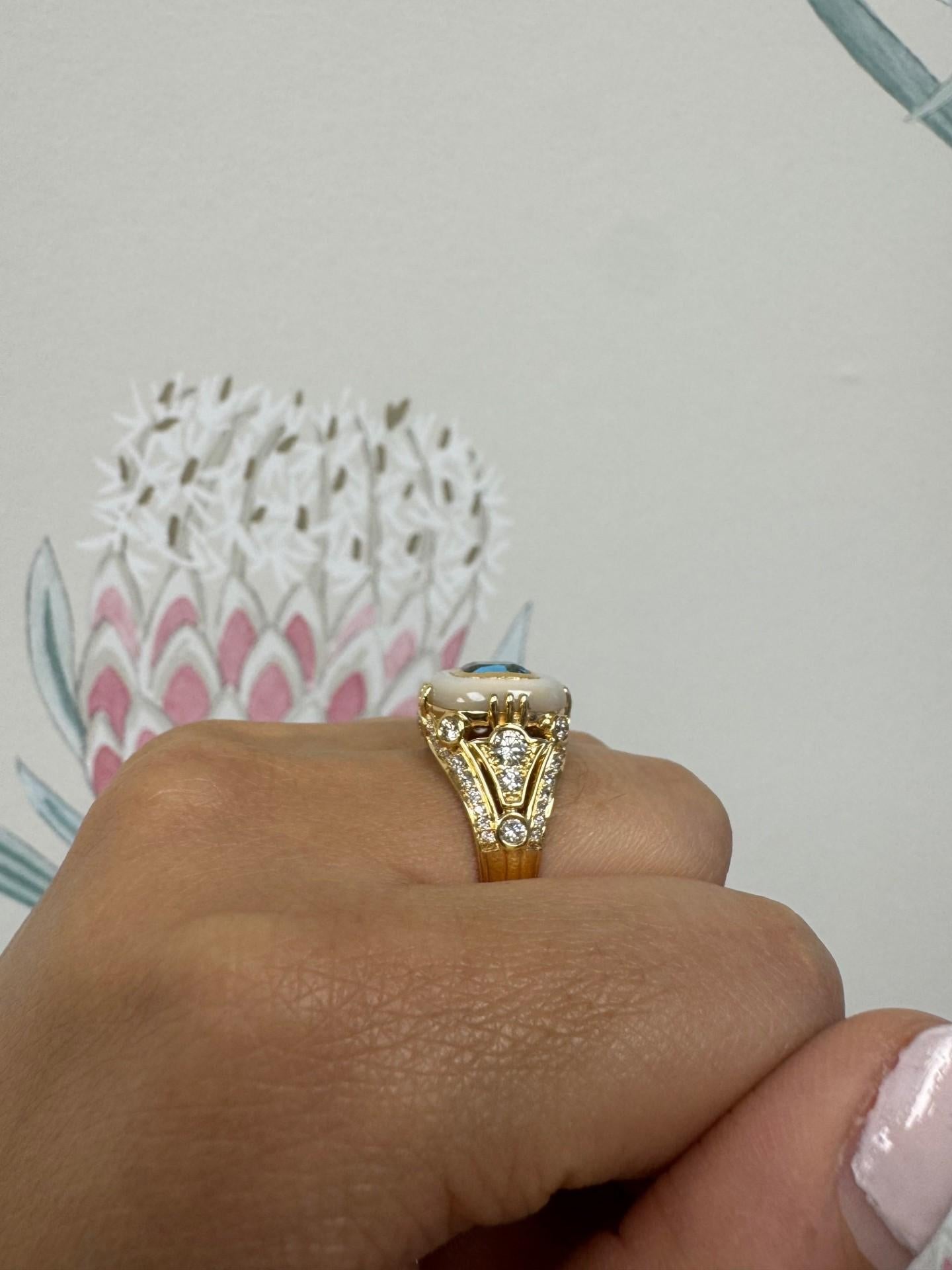 Women's Syna Yellow Gold Ring with Blue Topaz, Mother of Pearl and Diamonds For Sale