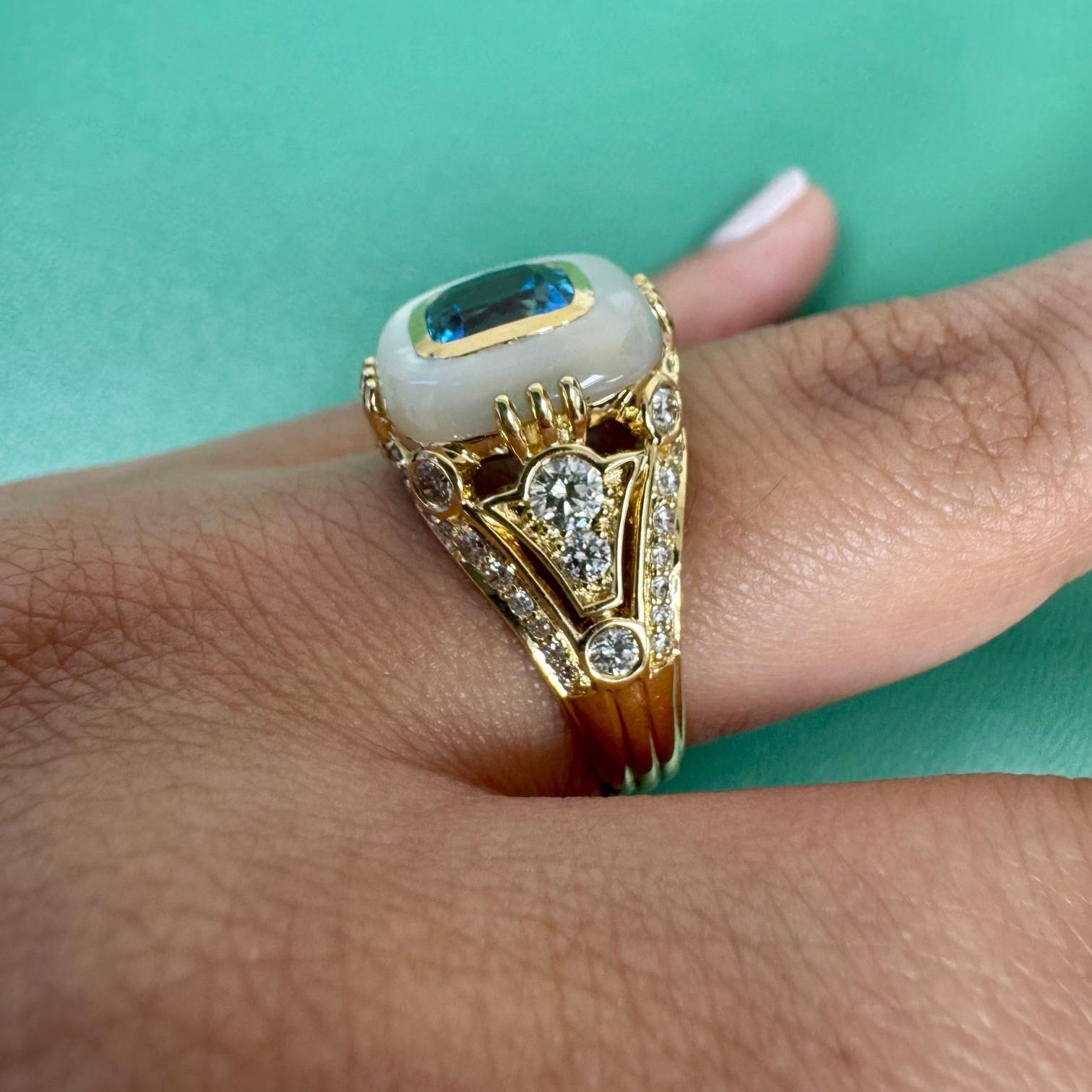 Syna Yellow Gold Ring with Blue Topaz, Mother of Pearl and Diamonds For Sale 1