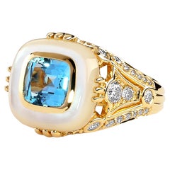 Syna Yellow Gold Ring with Blue Topaz, Mother of Pearl and Diamonds