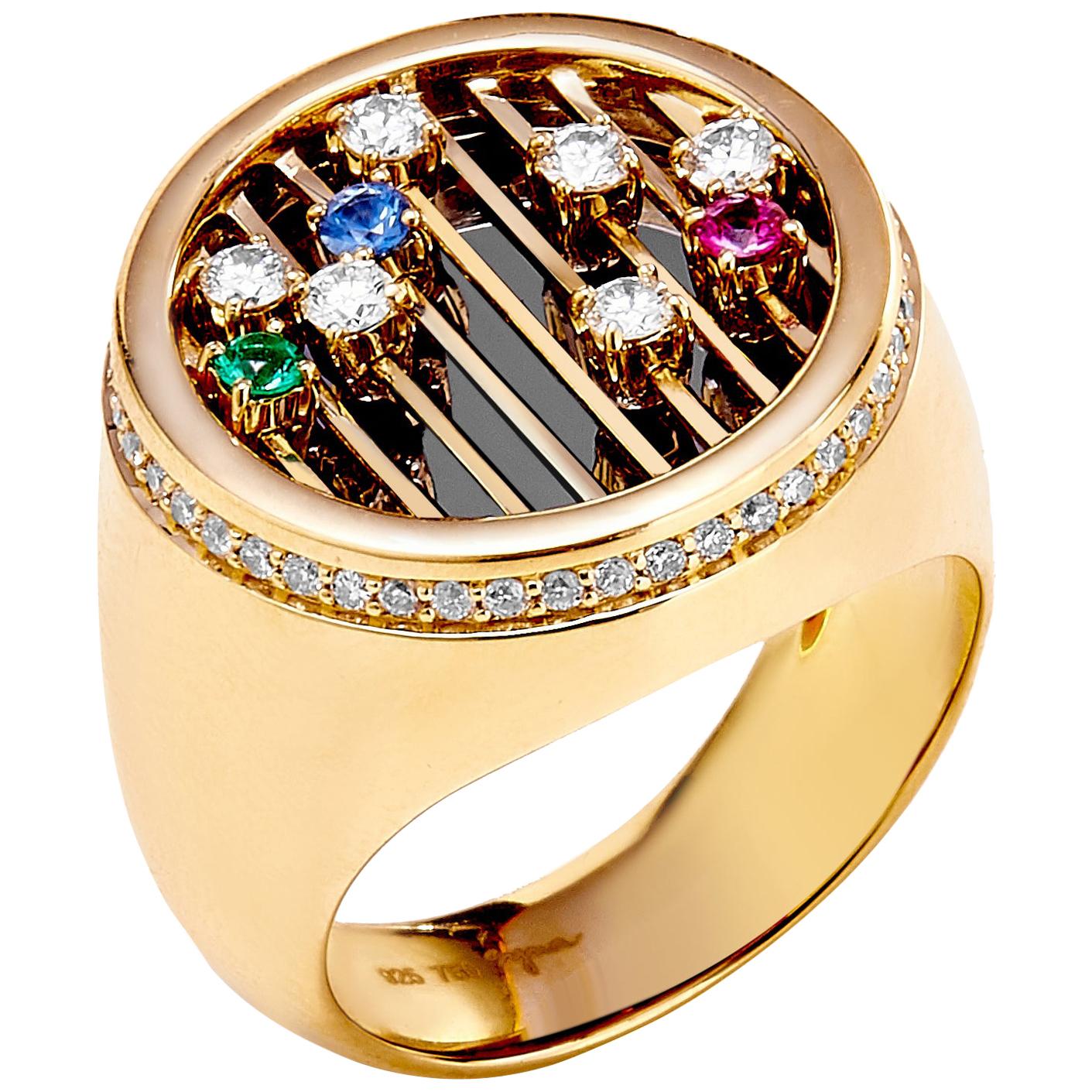 Syna Yellow Gold Ring with Emerald, Ruby, Sapphire and Champagne Diamonds