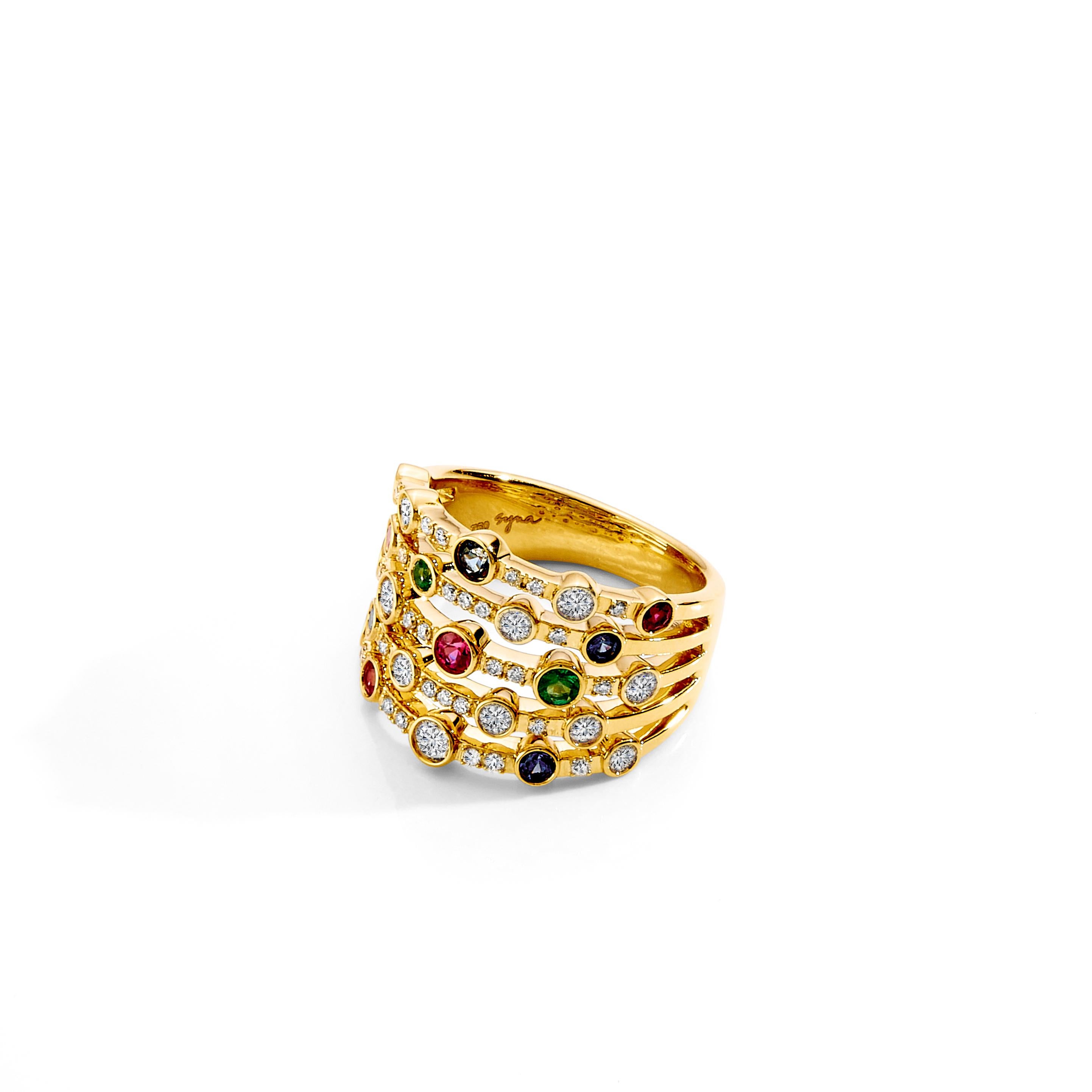 Contemporary Syna Yellow Gold Ring with Emeralds, Rubies, Sapphires and Diamonds For Sale