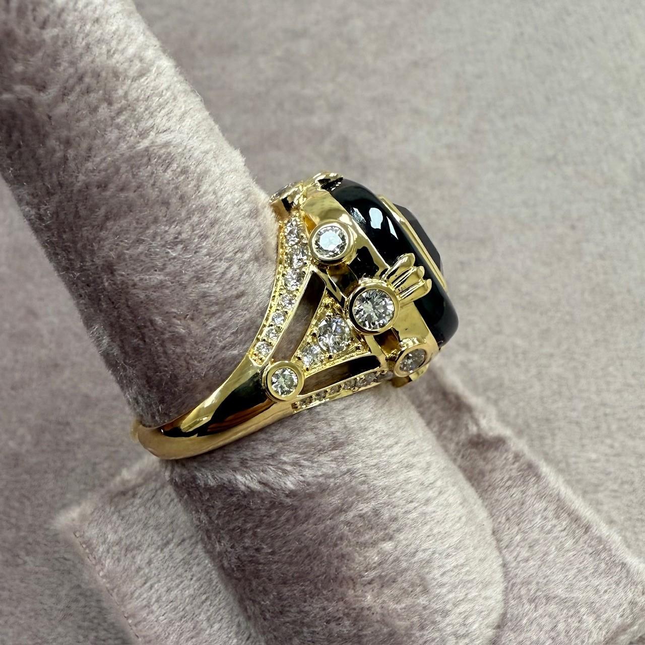 Cushion Cut Syna Yellow Gold Ring with Green Tourmaline, Black Onyx and Diamonds For Sale