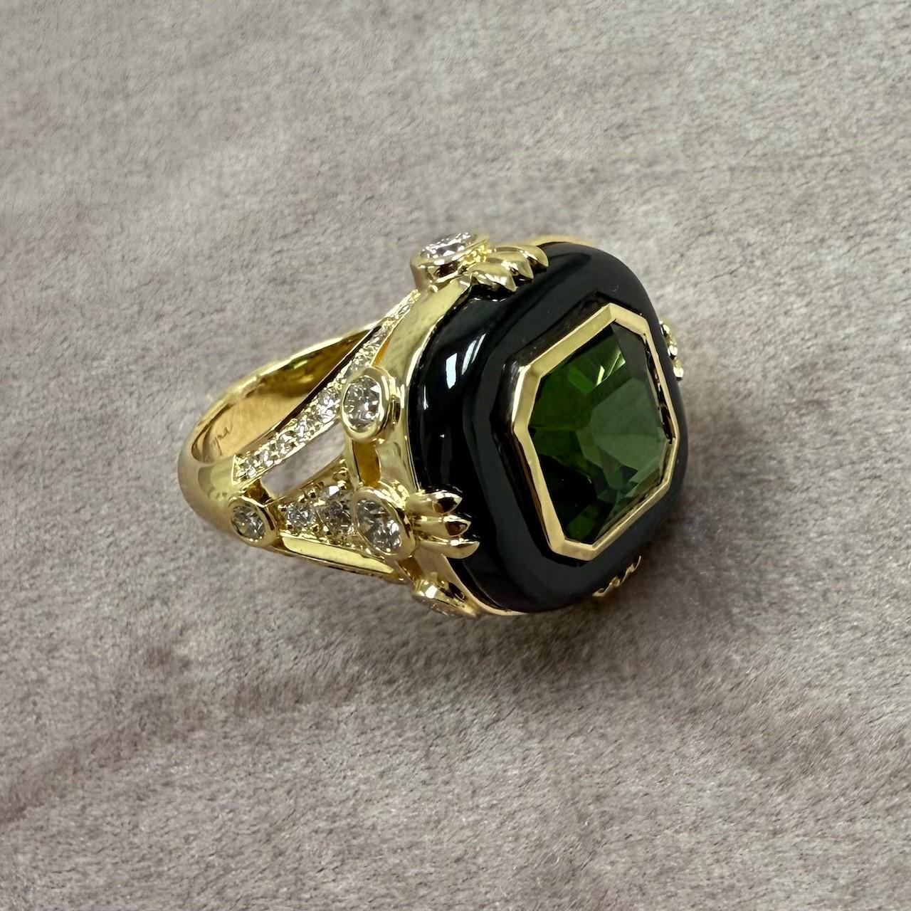 Women's Syna Yellow Gold Ring with Green Tourmaline, Black Onyx and Diamonds For Sale