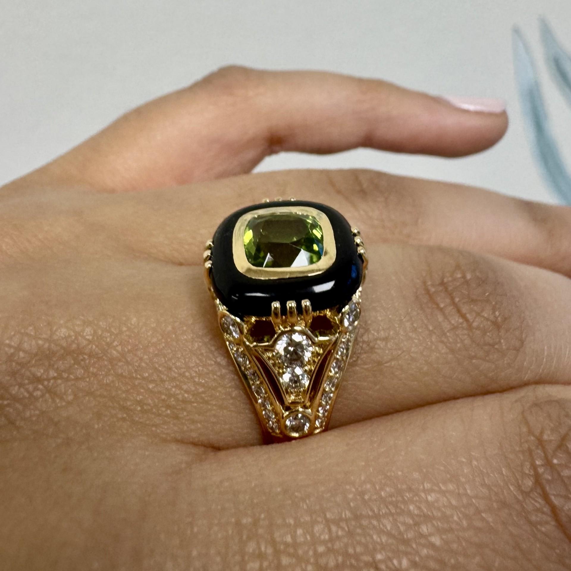 Contemporary Syna Yellow Gold Ring with Peridot, Black Onyx and Diamonds For Sale