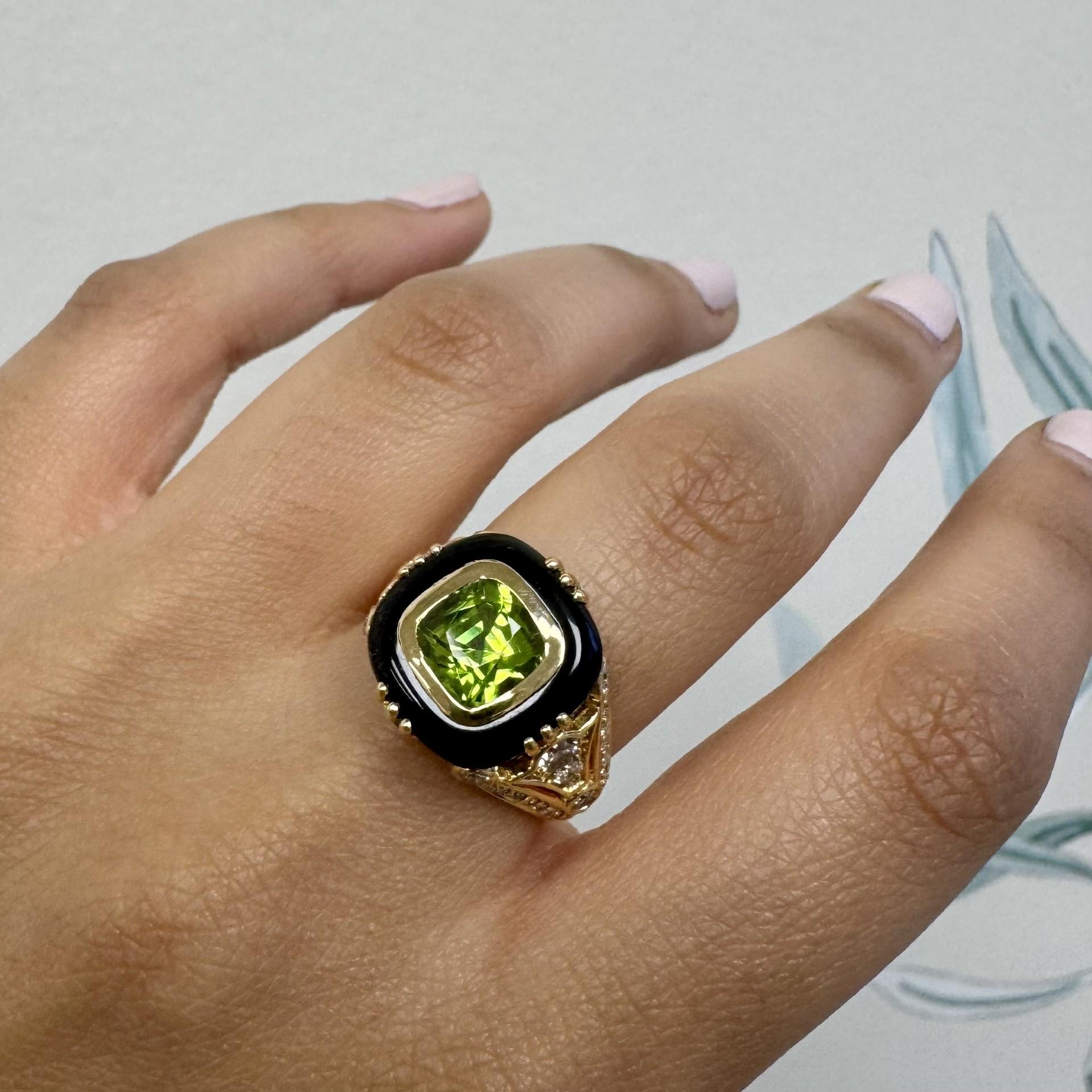 Cushion Cut Syna Yellow Gold Ring with Peridot, Black Onyx and Diamonds For Sale