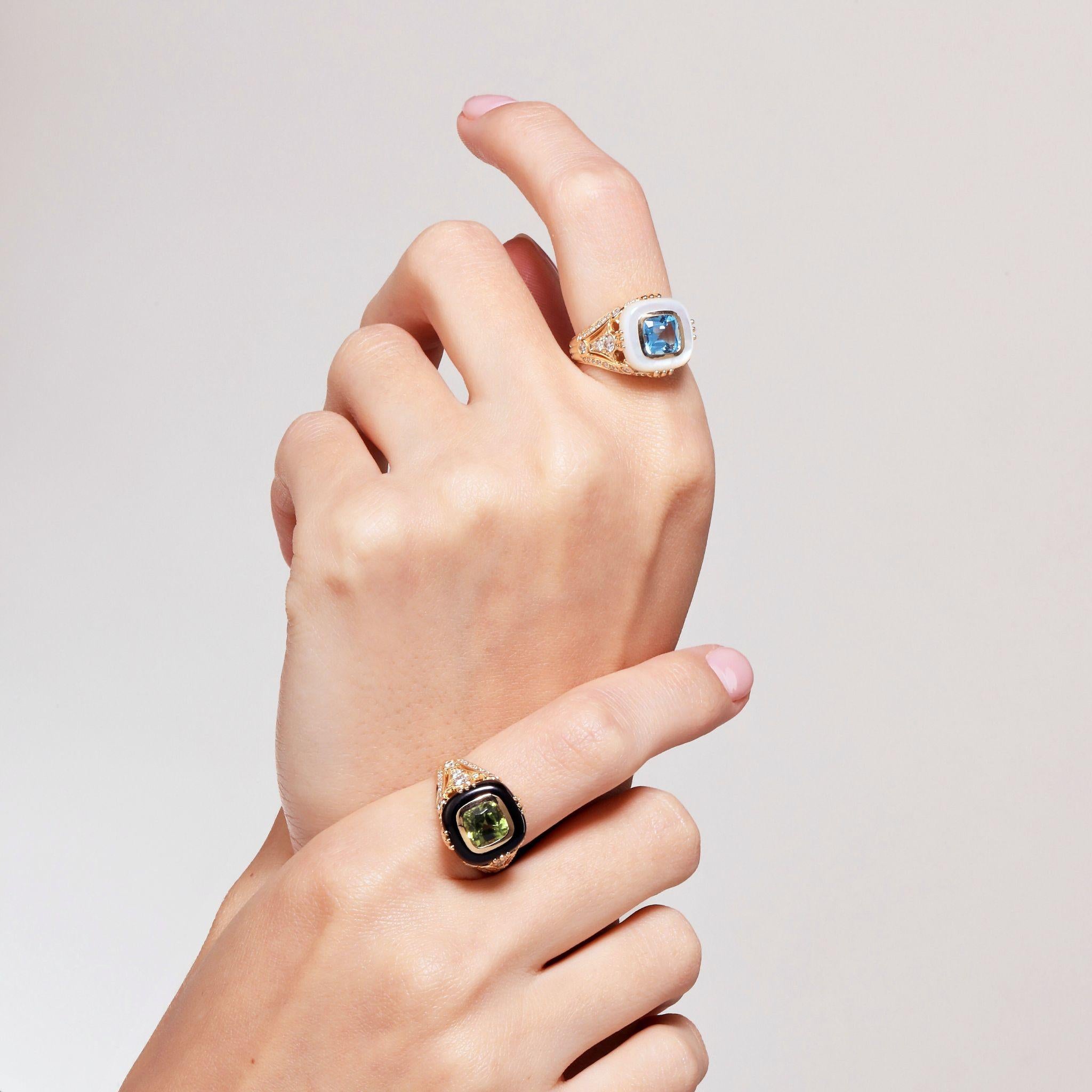 Created in 18 karat yellow gold
Peridot 2.50 carats approx.
Black Onyx 1.80 carats approx.
Diamonds 0.90 carat approx.
Ring size US 7, can be sized
Limited Edition





About the Designers ~ Dharmesh & Namrata

Drawing inspiration from little