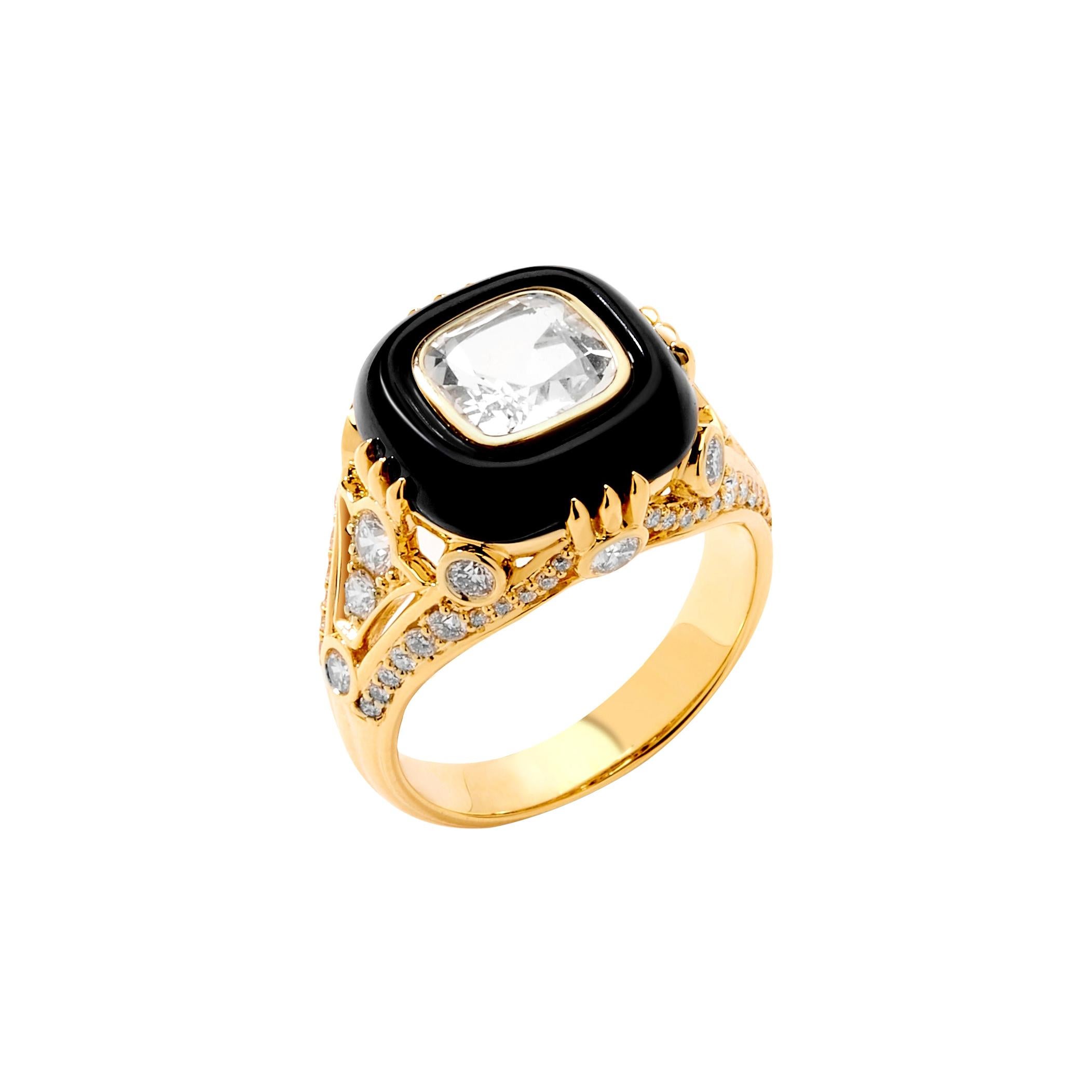 Syna Yellow Gold Ring with Rock Crystal, Black Onyx and Diamonds For Sale