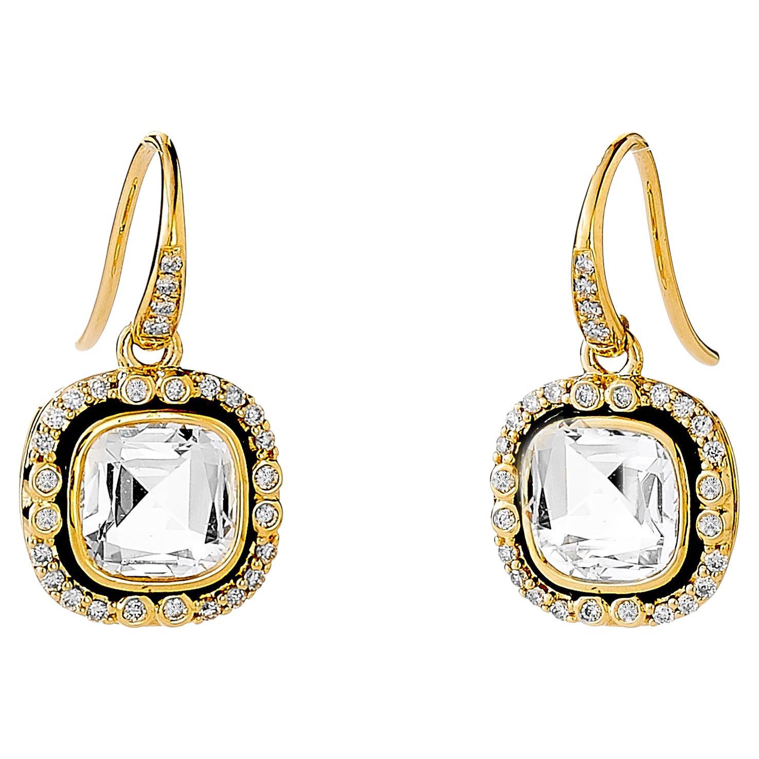 Syna Yellow Gold Rock Crystal Black Enamel Earrings with Diamonds For Sale