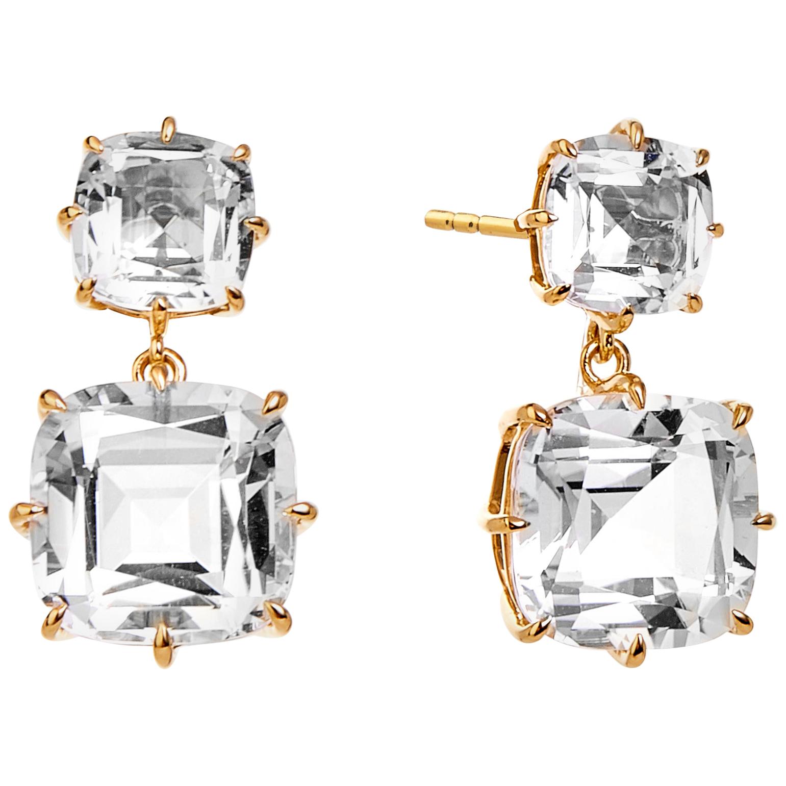 Syna Yellow Gold Rock Crystal Cushion Earrings For Sale