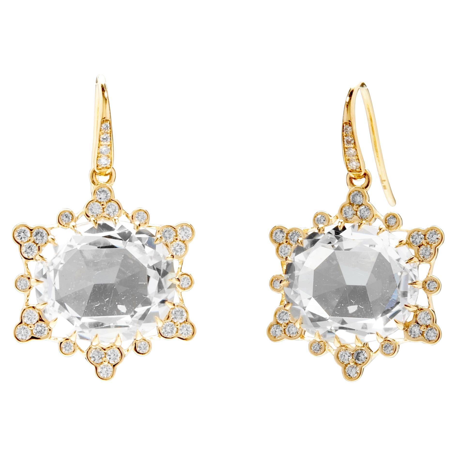 Syna Yellow Gold Rock Crystal Earrings with Diamonds For Sale