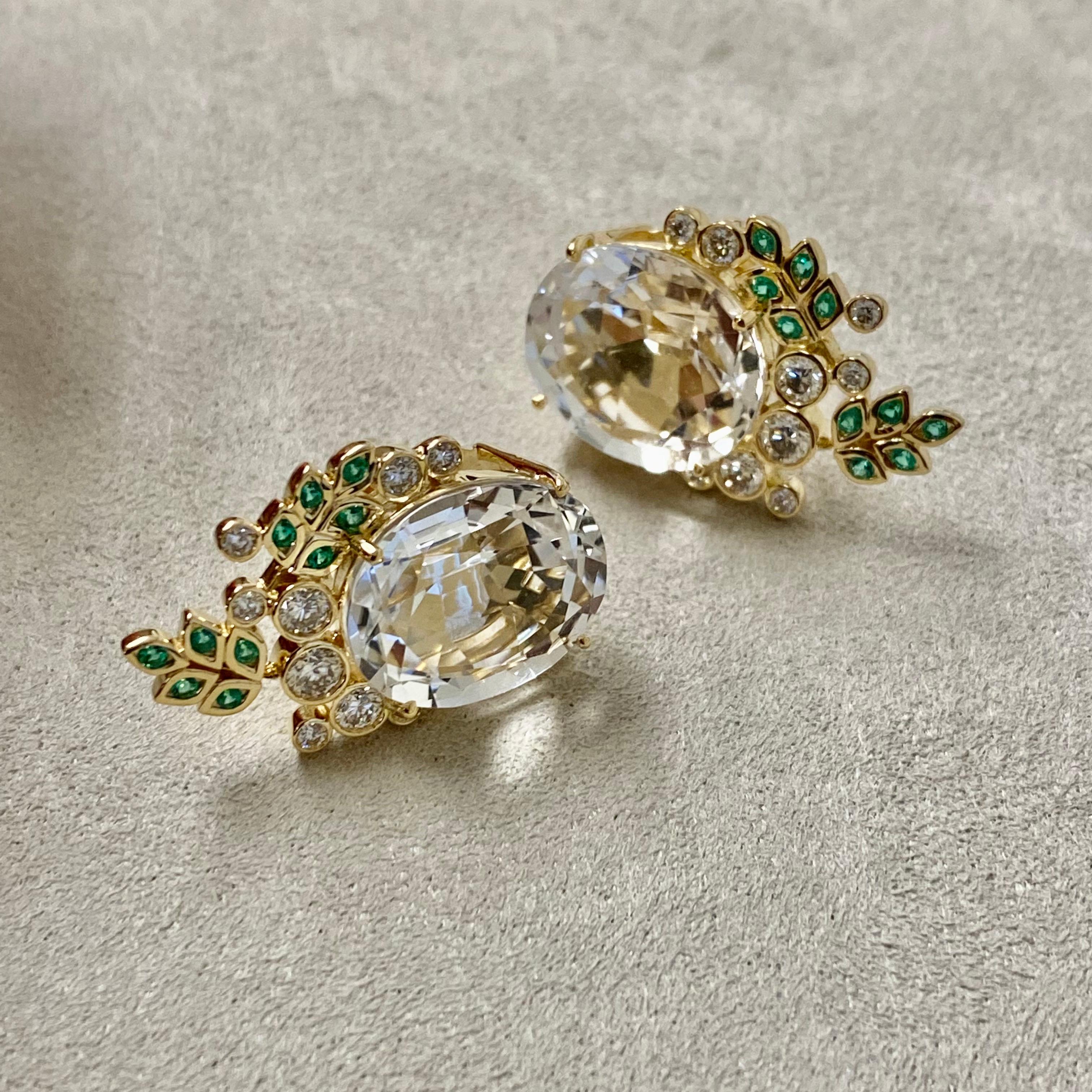 Contemporary Syna Yellow Gold Rock Crystal Earrings with Emeralds and Champagne Diamonds