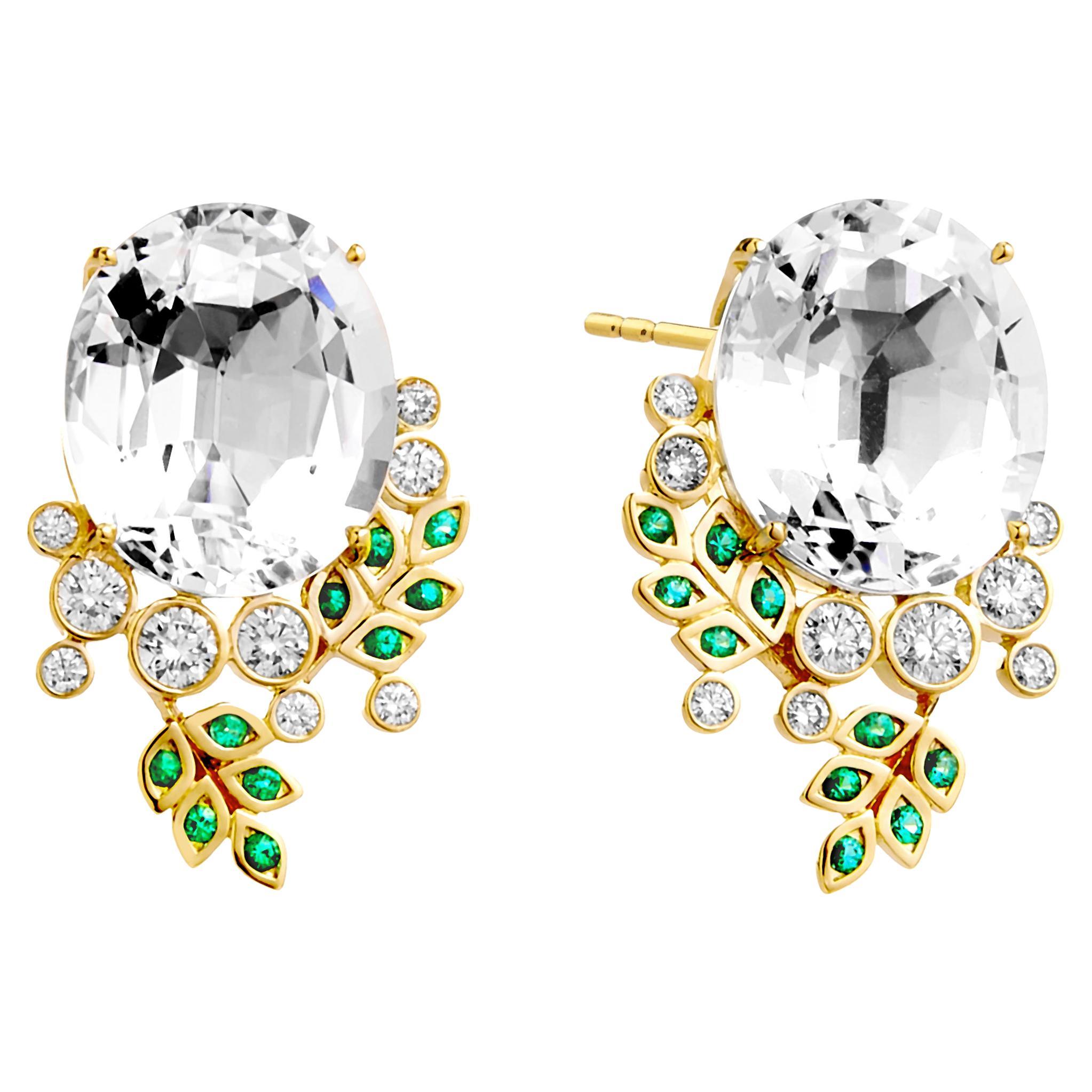 Syna Yellow Gold Rock Crystal Earrings with Emeralds and Champagne Diamonds