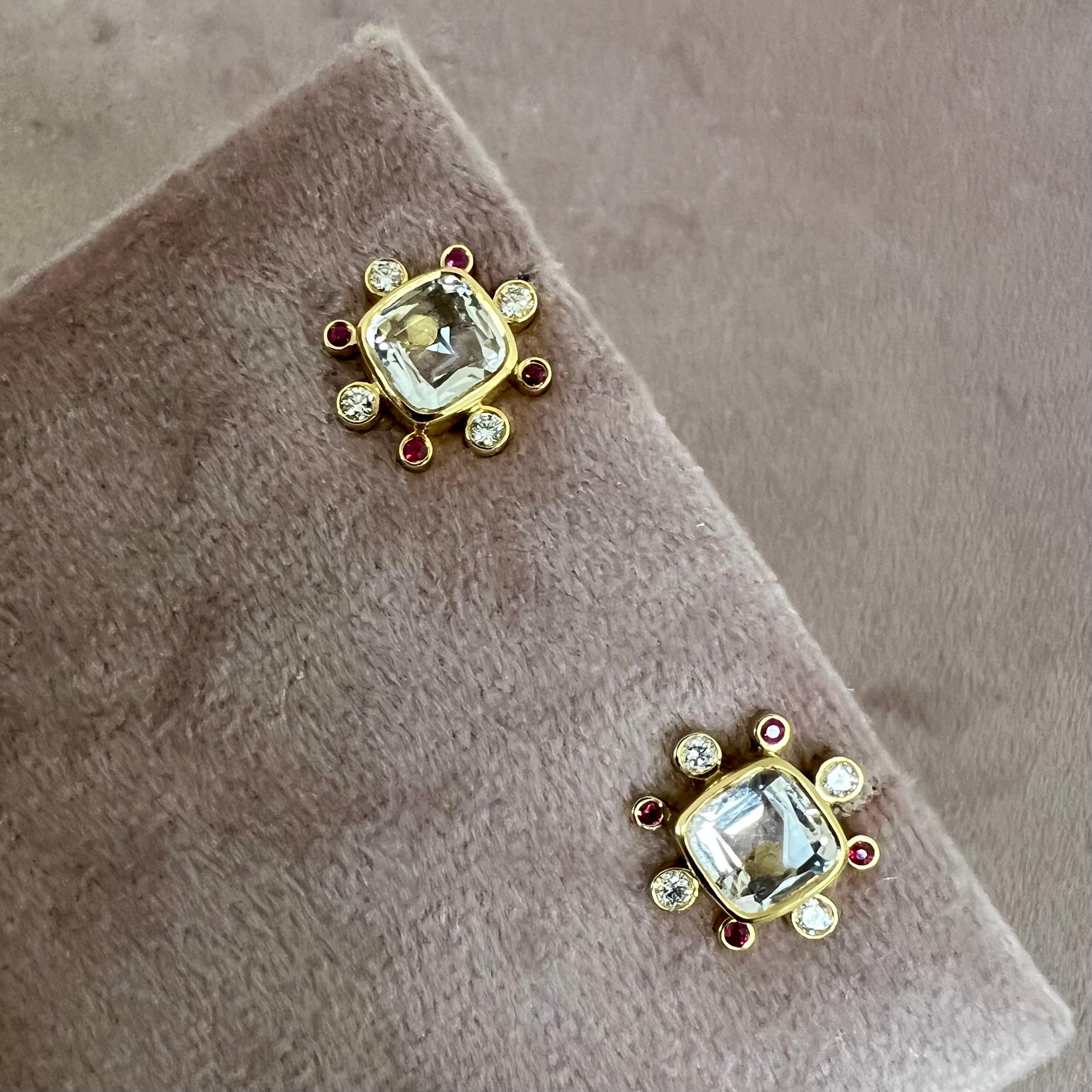 Contemporary Syna Yellow Gold Rock Crystal Earrings with Rubies and Diamonds For Sale