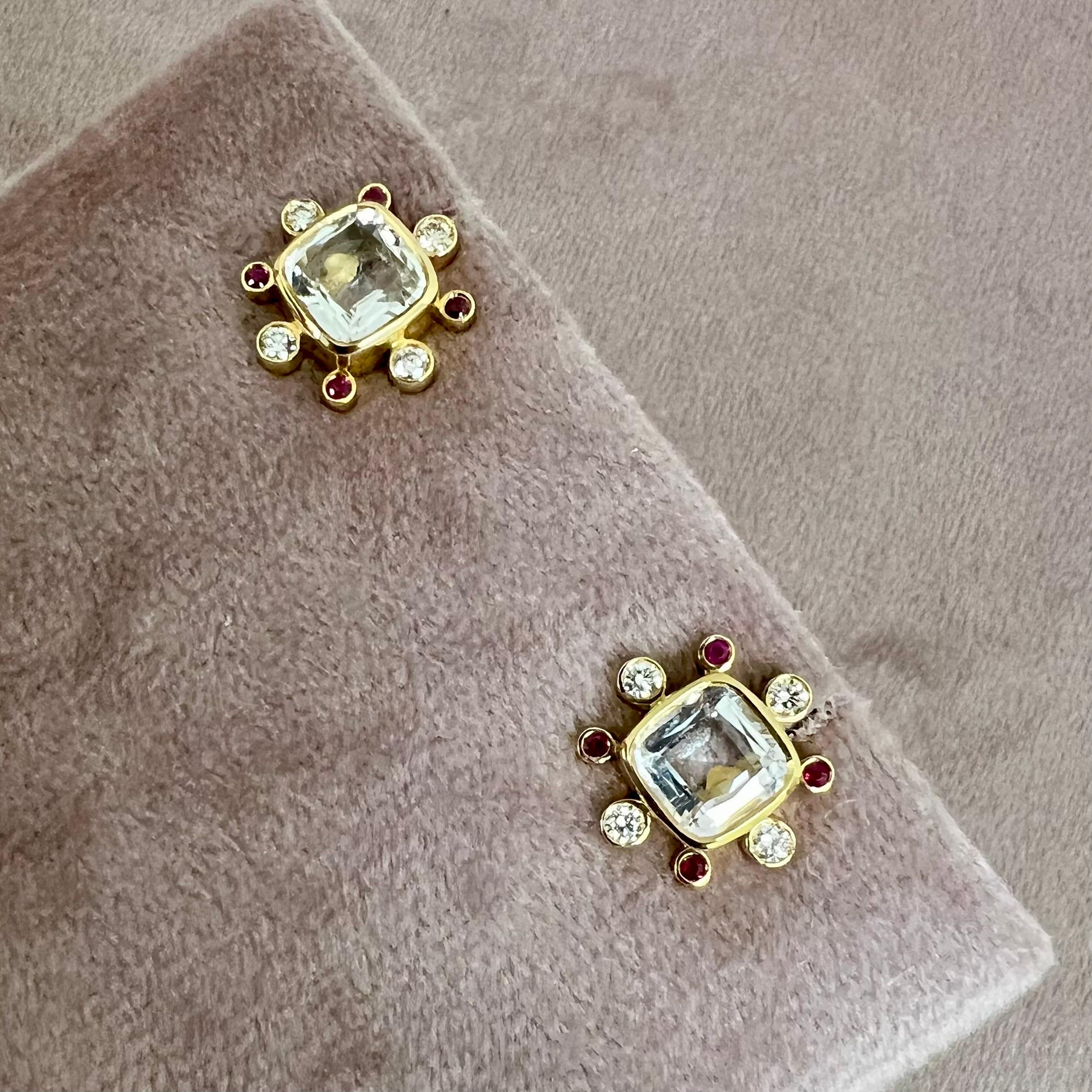 Mixed Cut Syna Yellow Gold Rock Crystal Earrings with Rubies and Diamonds For Sale