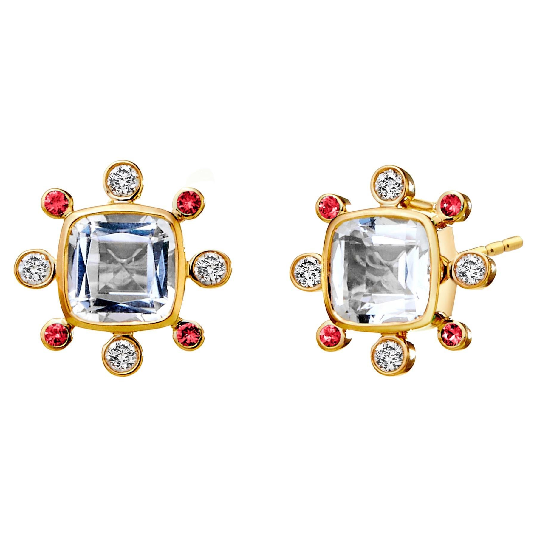 Syna Yellow Gold Rock Crystal Earrings with Rubies and Diamonds For Sale
