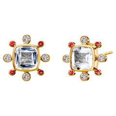 Syna Yellow Gold Rock Crystal Earrings with Rubies and Diamonds