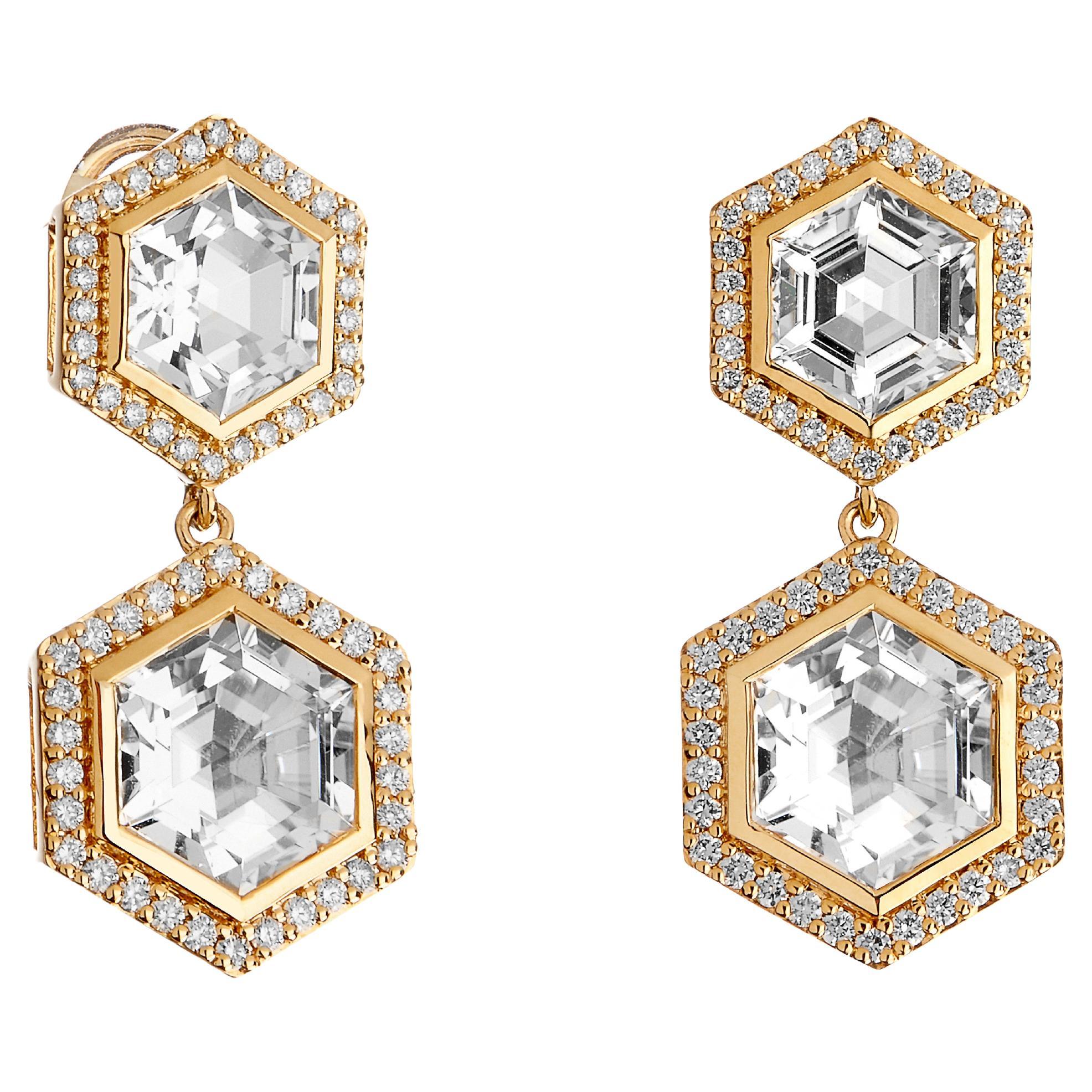 Syna Boucles d'oreilles hexagonales en or jaune et cristal de roche avec diamants