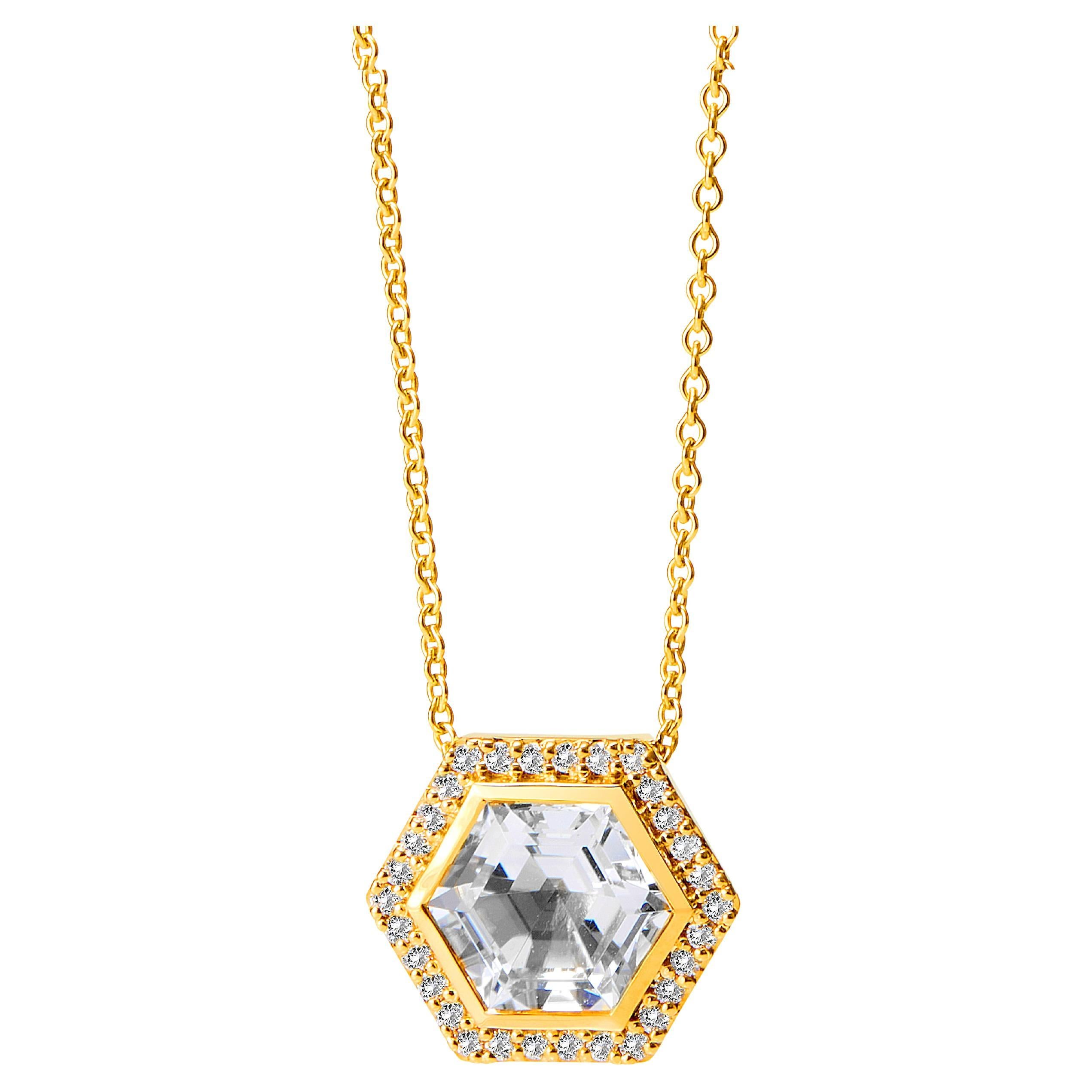 Syna Yellow Gold Rock Crystal Hex Necklace with Diamonds For Sale