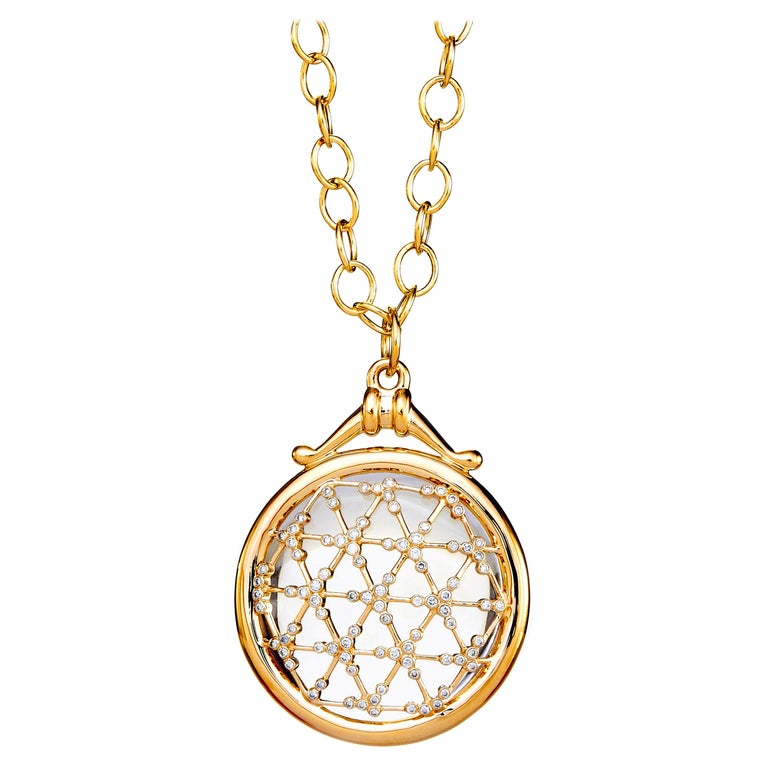Syna Yellow Gold Rock Crystal Illusion Pendant with Diamonds For