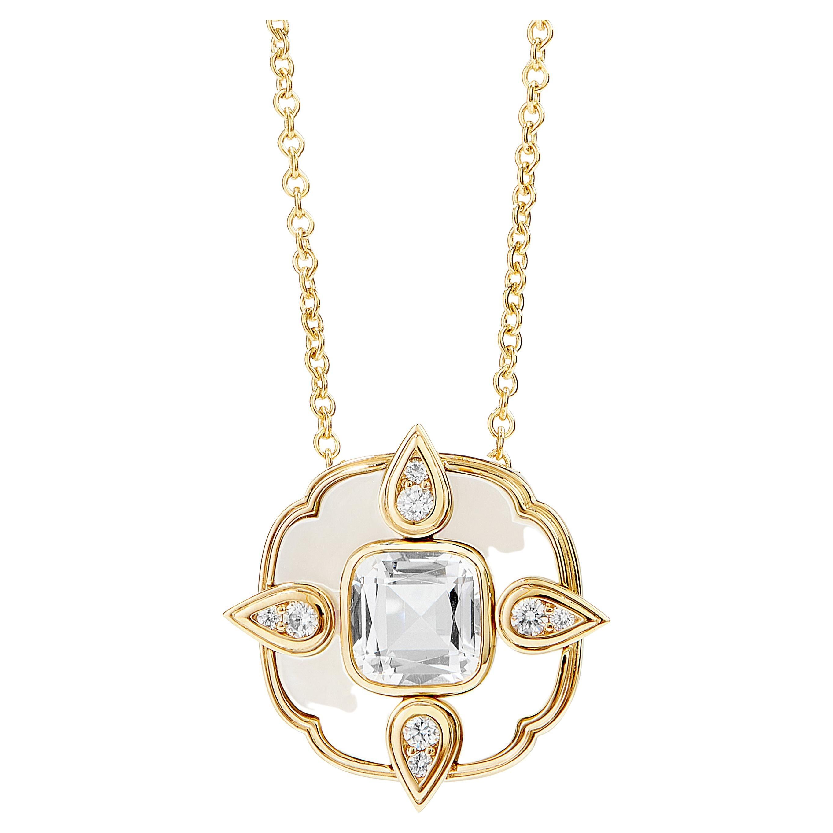 Syna Yellow Gold Rock Crystal Necklace with Mother of Pearl and Diamonds For Sale