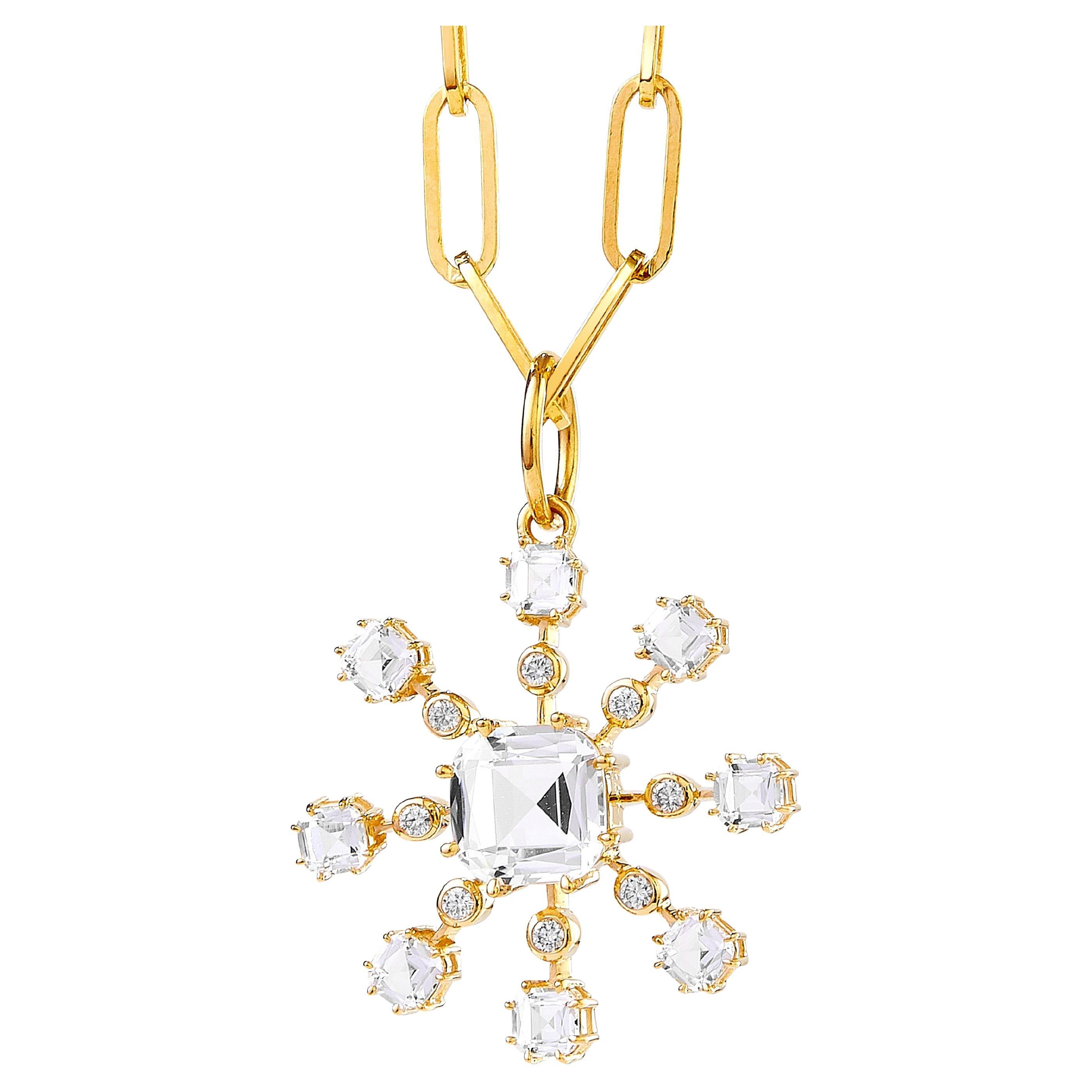 Syna Yellow Gold Rock Crystal Pendant with Diamonds For Sale