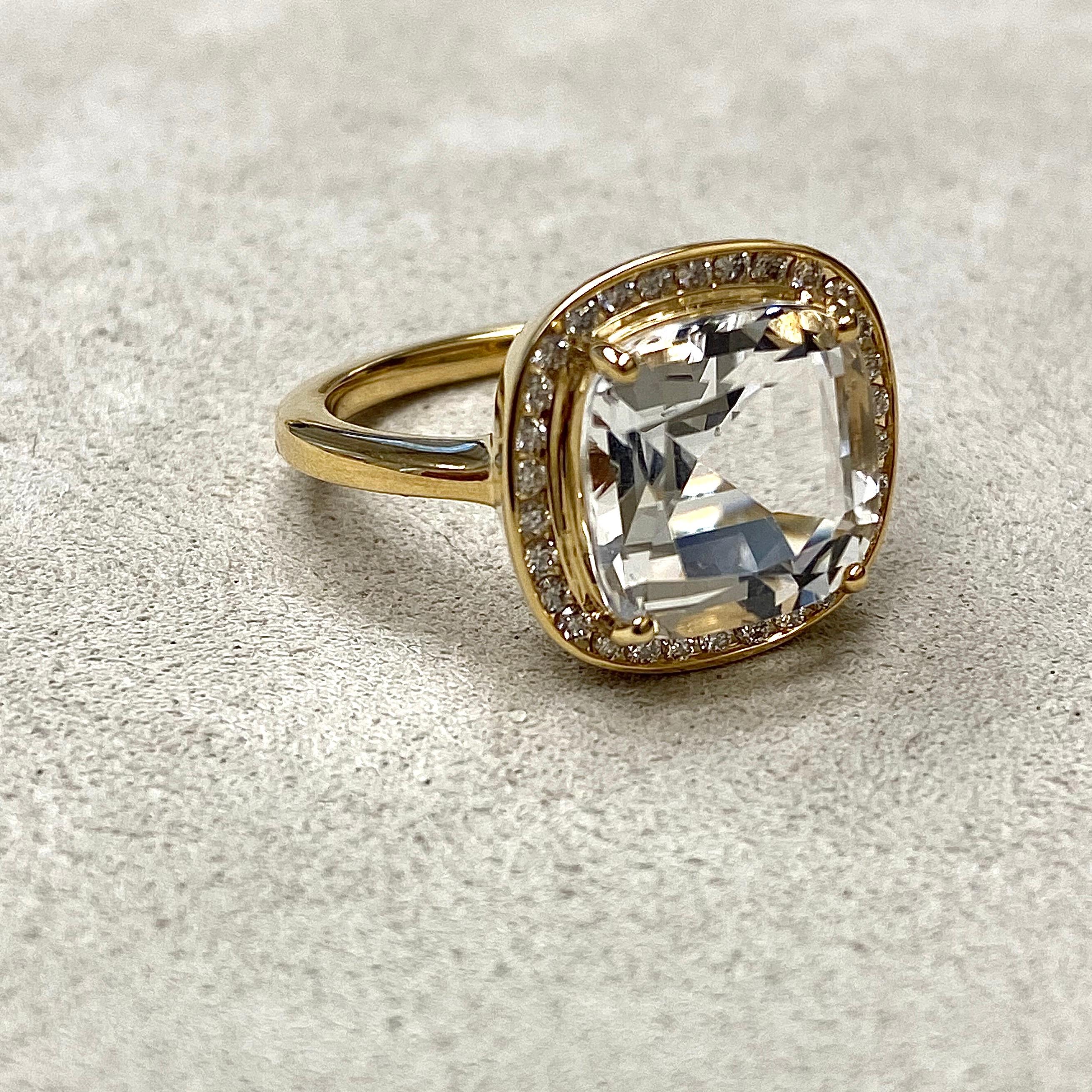 Created in 18kyg
Rock Crystal 4 cts approx
Vintage cushion-cut natural rock crystal
Diamonds 0.20 ct approx
Ring size US 6.5
Limited edition

About the Designers ~ Dharmesh & Namrata

Drawing inspiration from little things, Dharmesh & Namrata