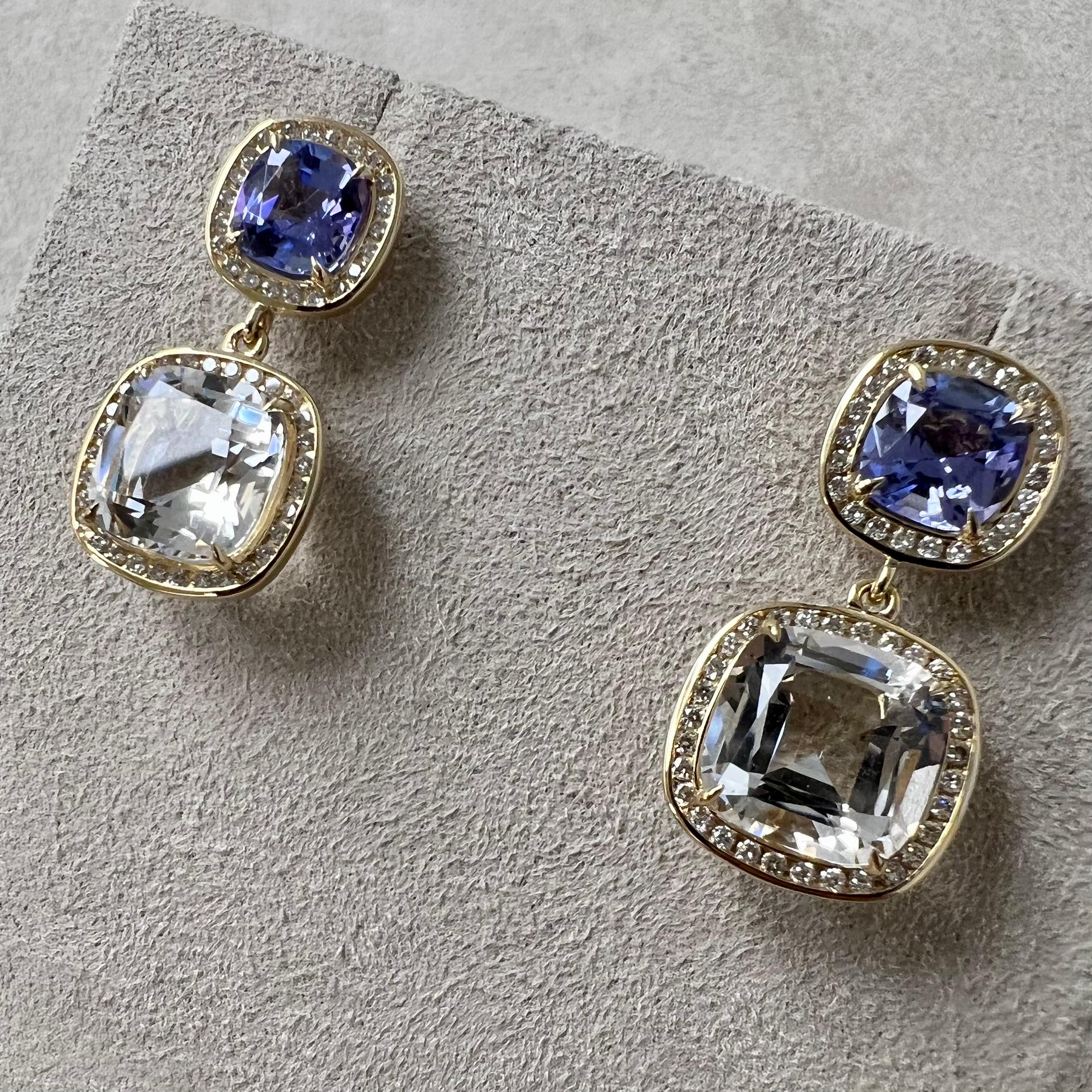 Contemporary Syna Yellow Gold Rock Crystal & Tanzanite Earrings with Diamonds